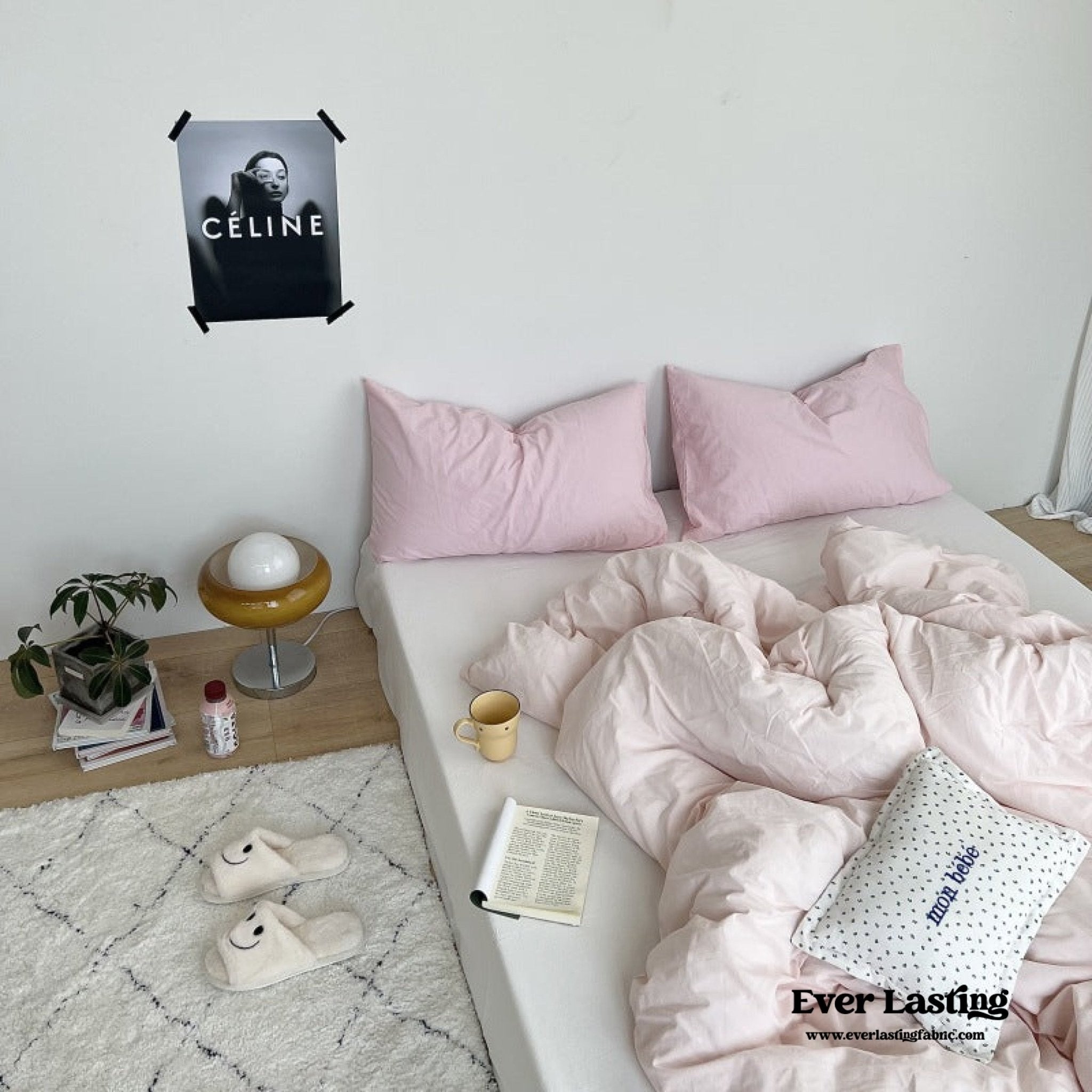 Mixed Color Washed Cotton Bedding Set / Baby Pink + White