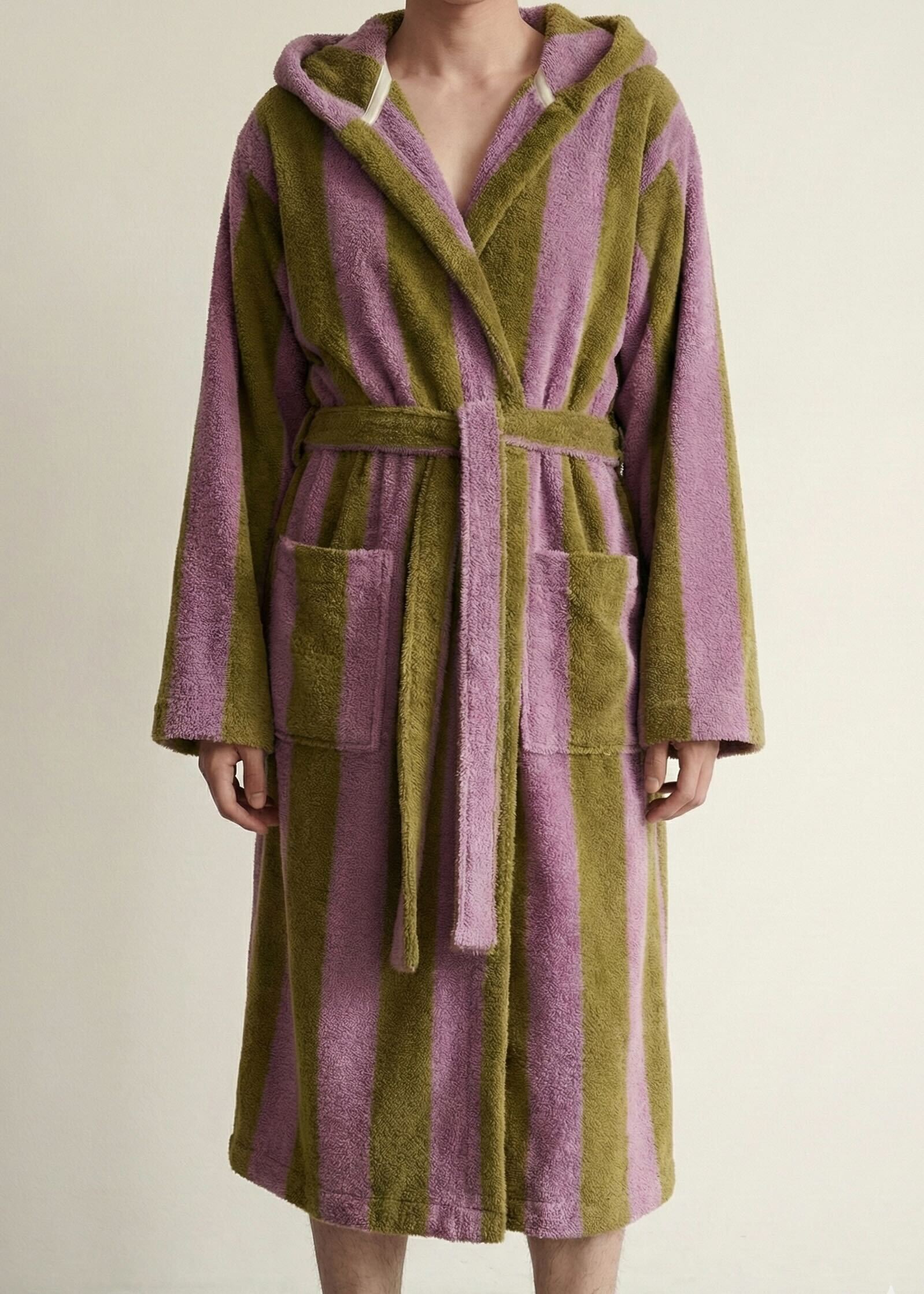 Modern Striped Cotton Bathrobe Set / Purple