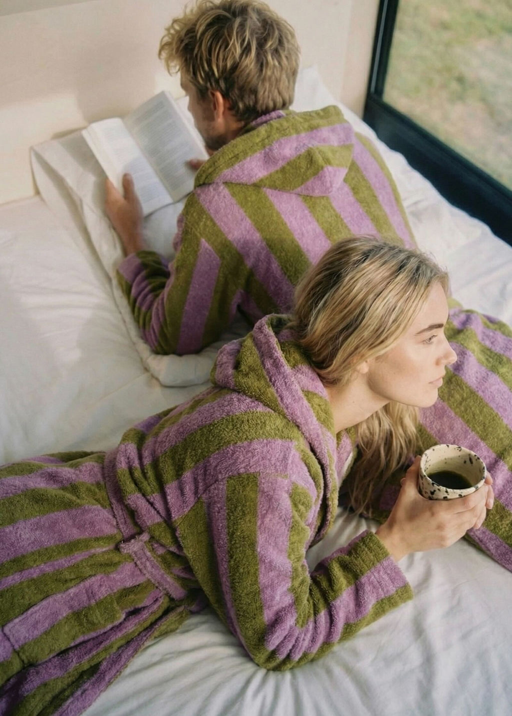 Modern Striped Cotton Bathrobe Set / Purple