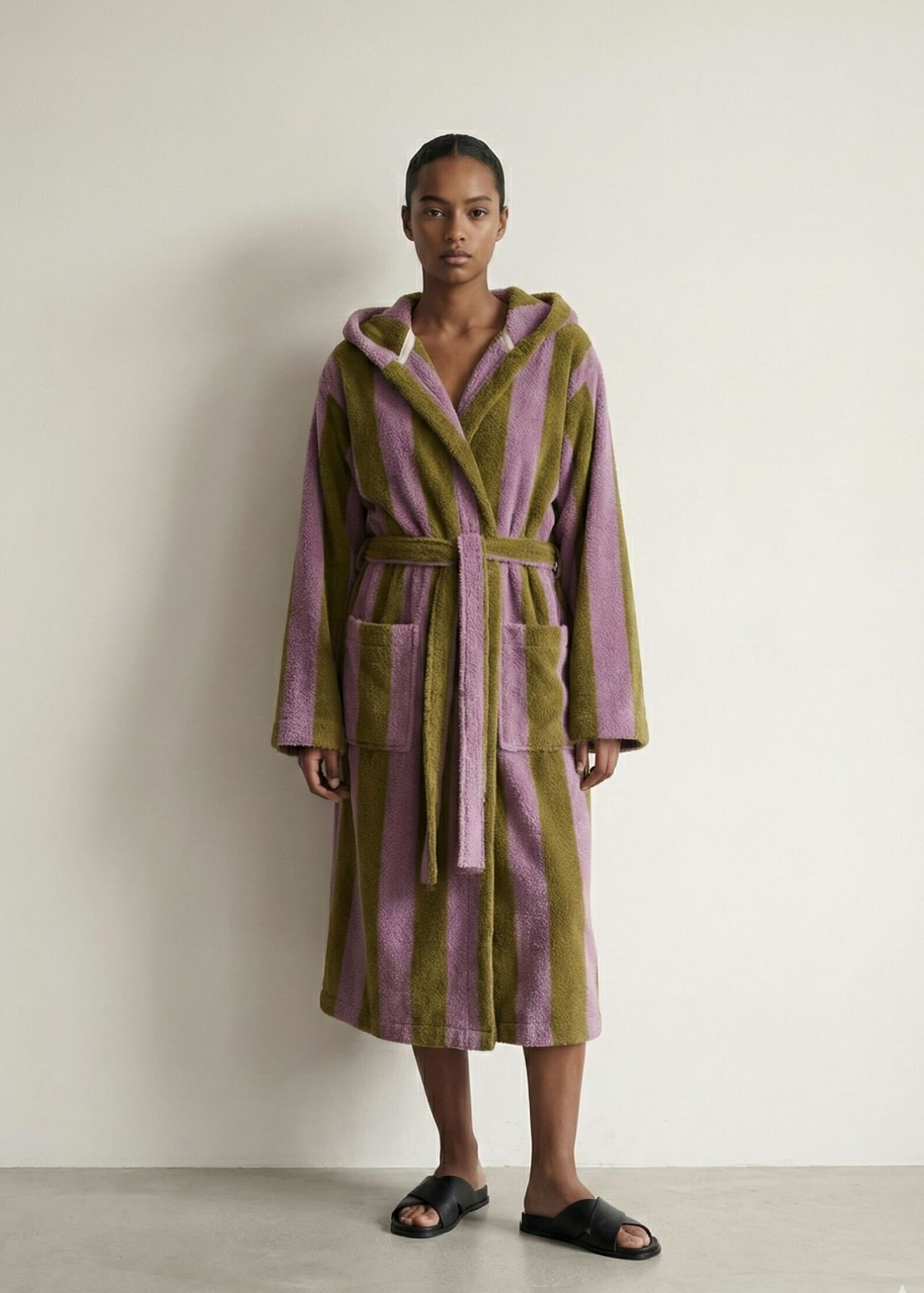 Modern Striped Cotton Bathrobe Set / Purple