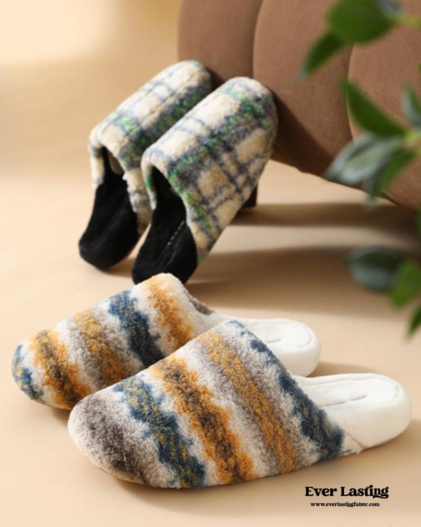 Modern Warm House Slippers / Blue Striped