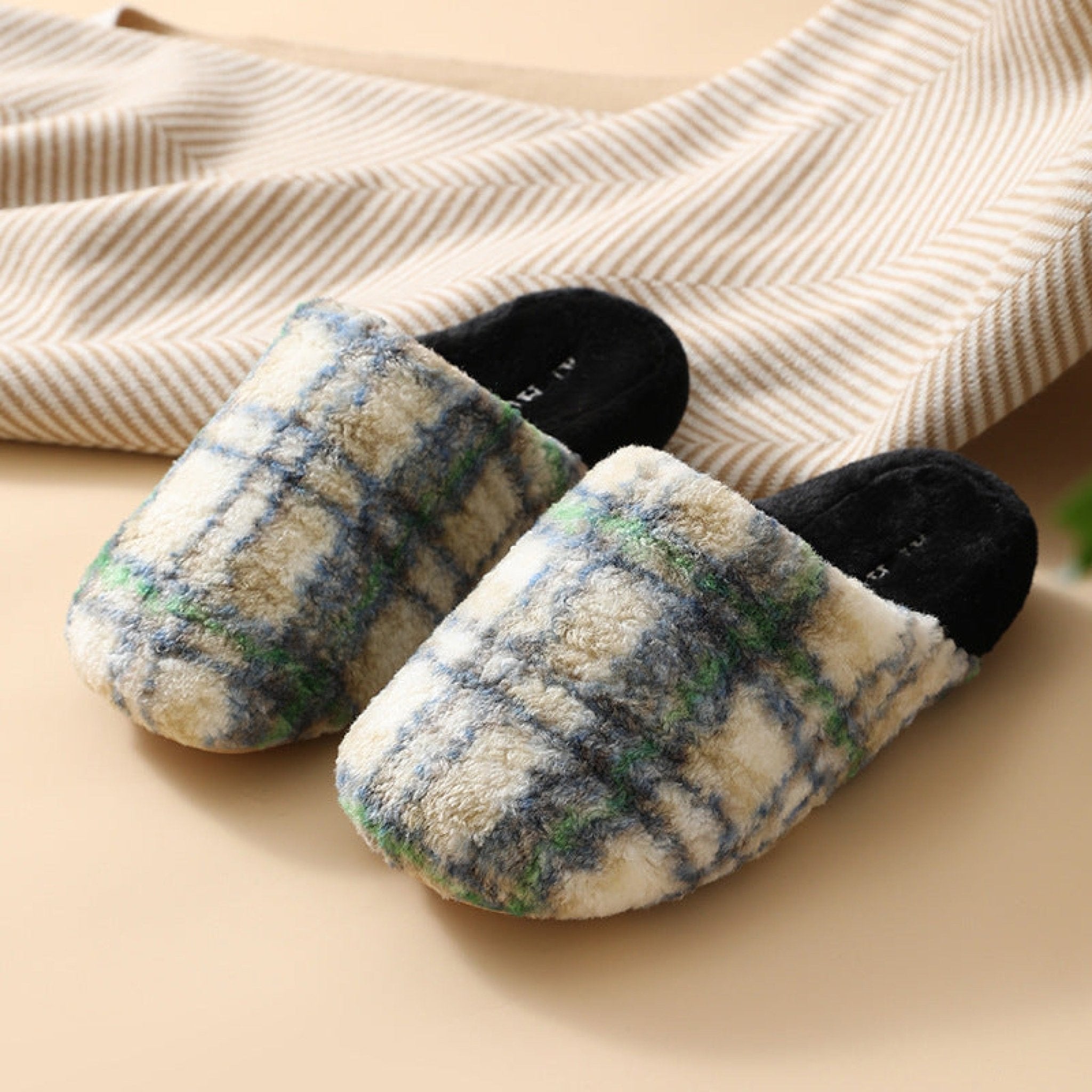Modern Warm House Slippers / Blue Striped