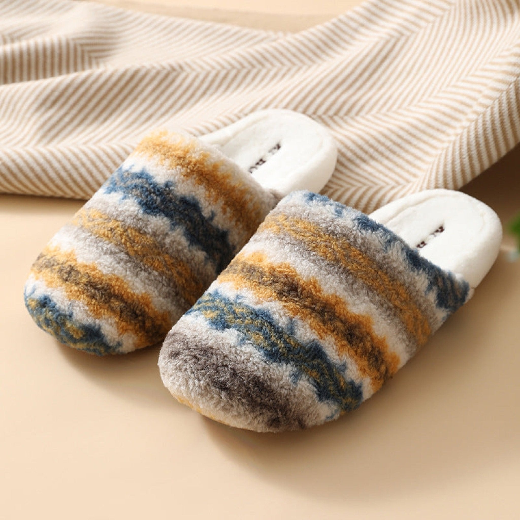 Modern Warm House Slippers / Blue Striped