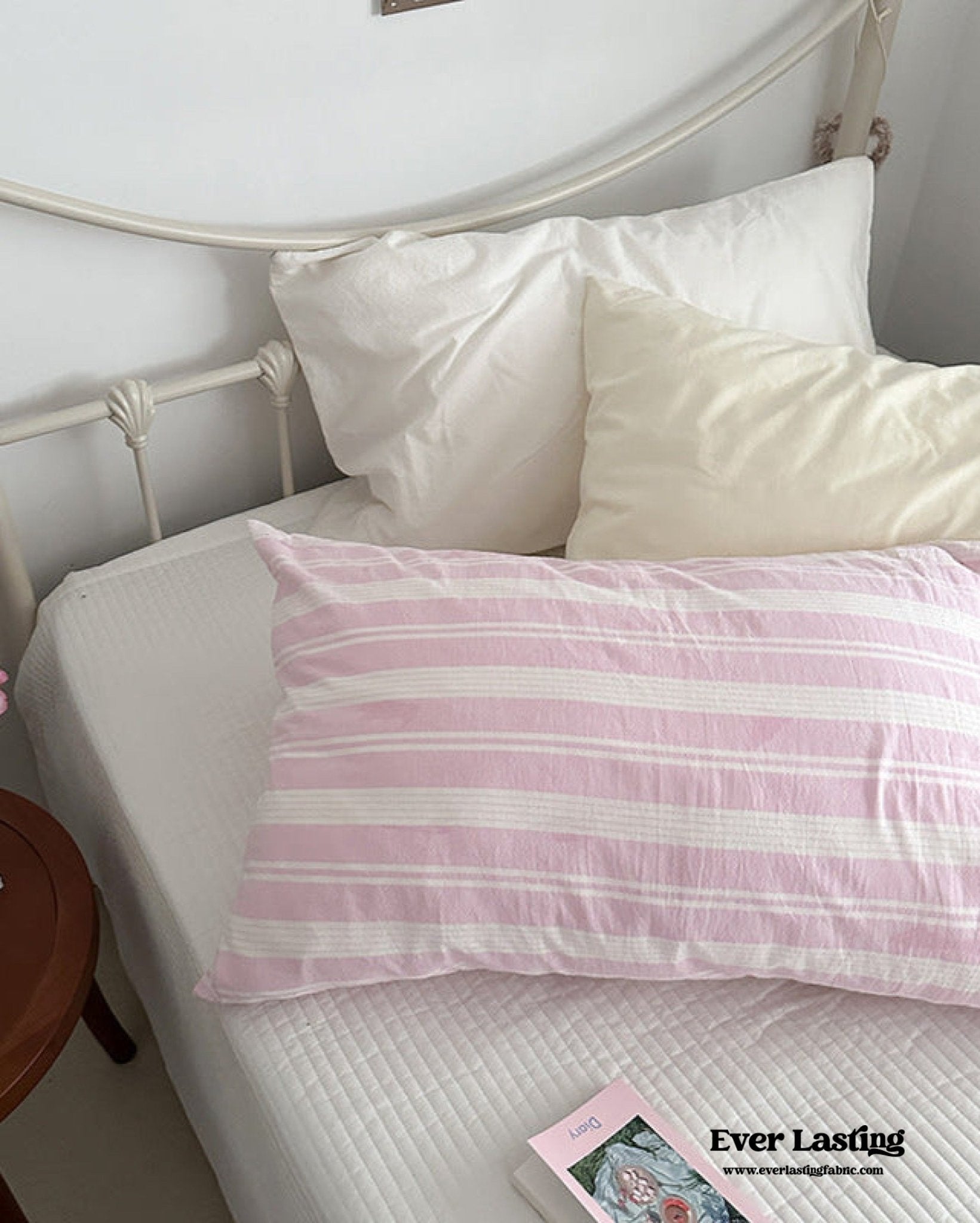 Muted Blush Cotton Pillowcase / Pink Striped