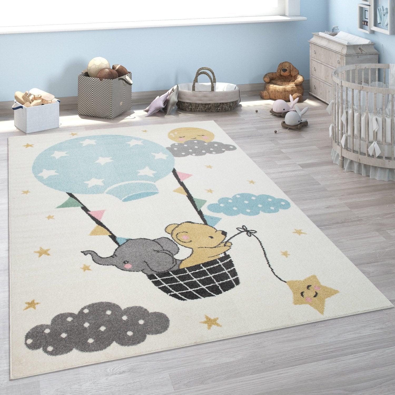 Nursery Rug For Kids, Elephant & Bear in Balloon in Cream