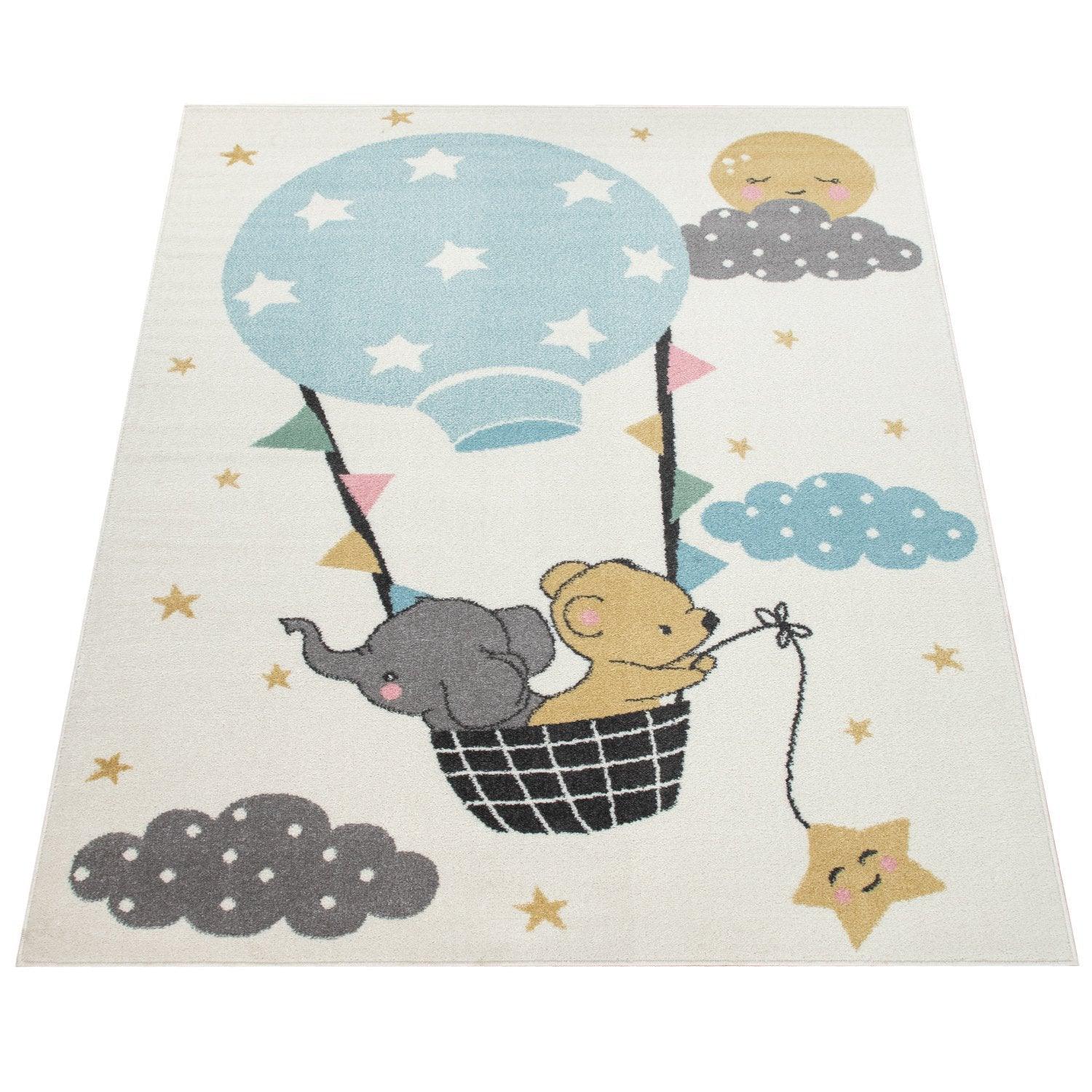 Nursery Rug For Kids, Elephant & Bear in Balloon in Cream