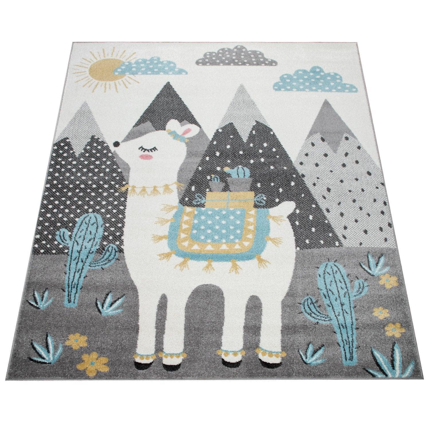 Nursery Rug For Kids Llama, Mountains in Grey Blue Cream