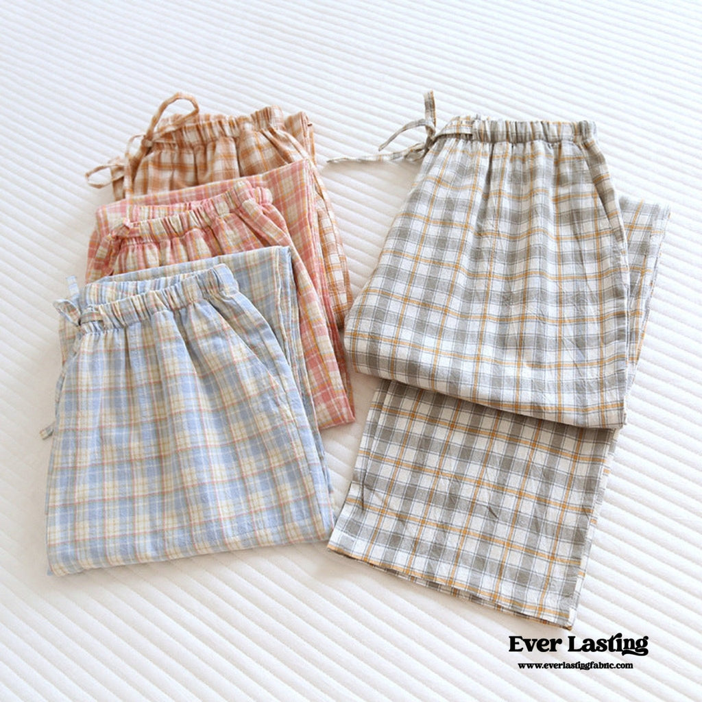 Plaid Washed Cotton Pajama Pants / Pink