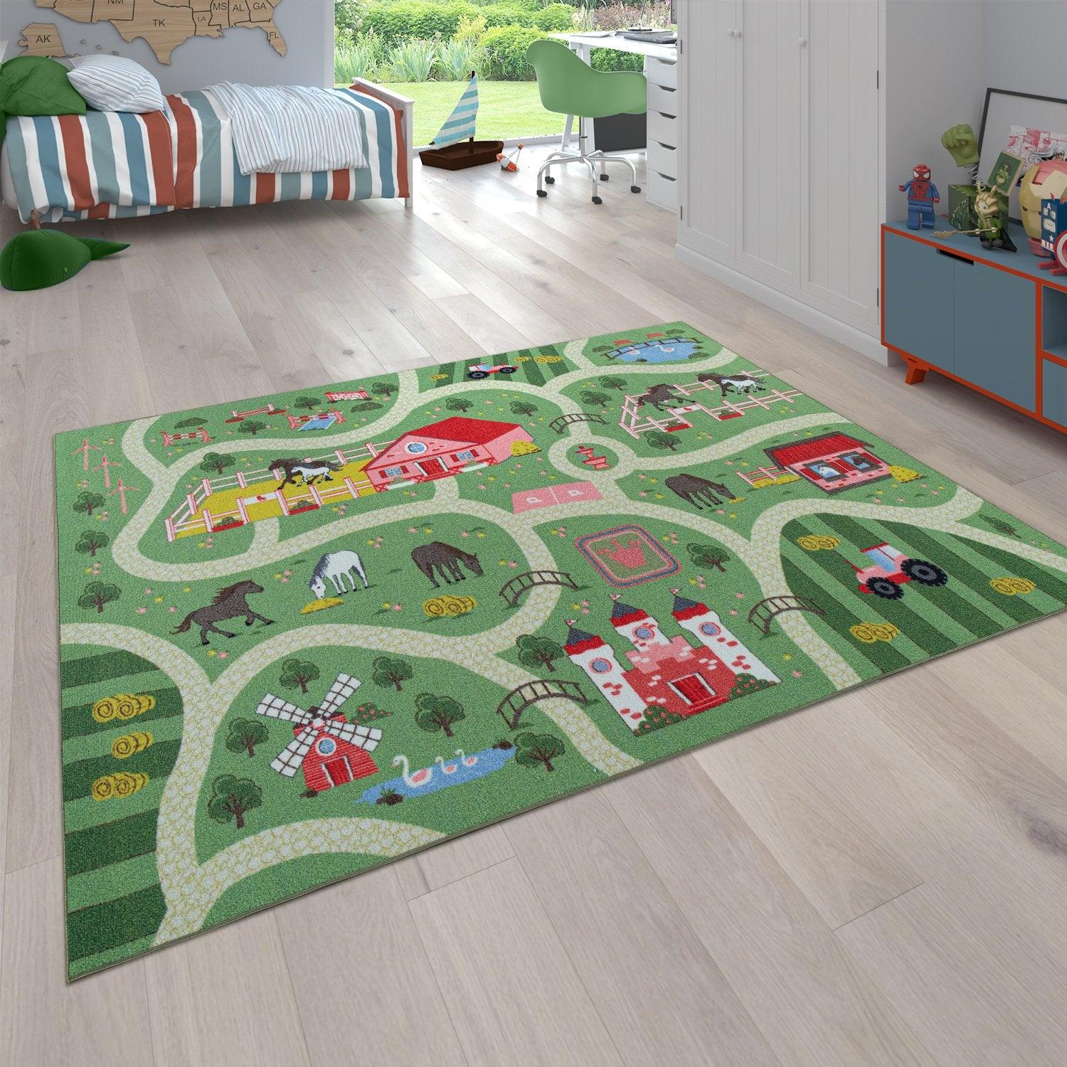 Play Rug for Kids Rooms, Landscape and Horses in green
