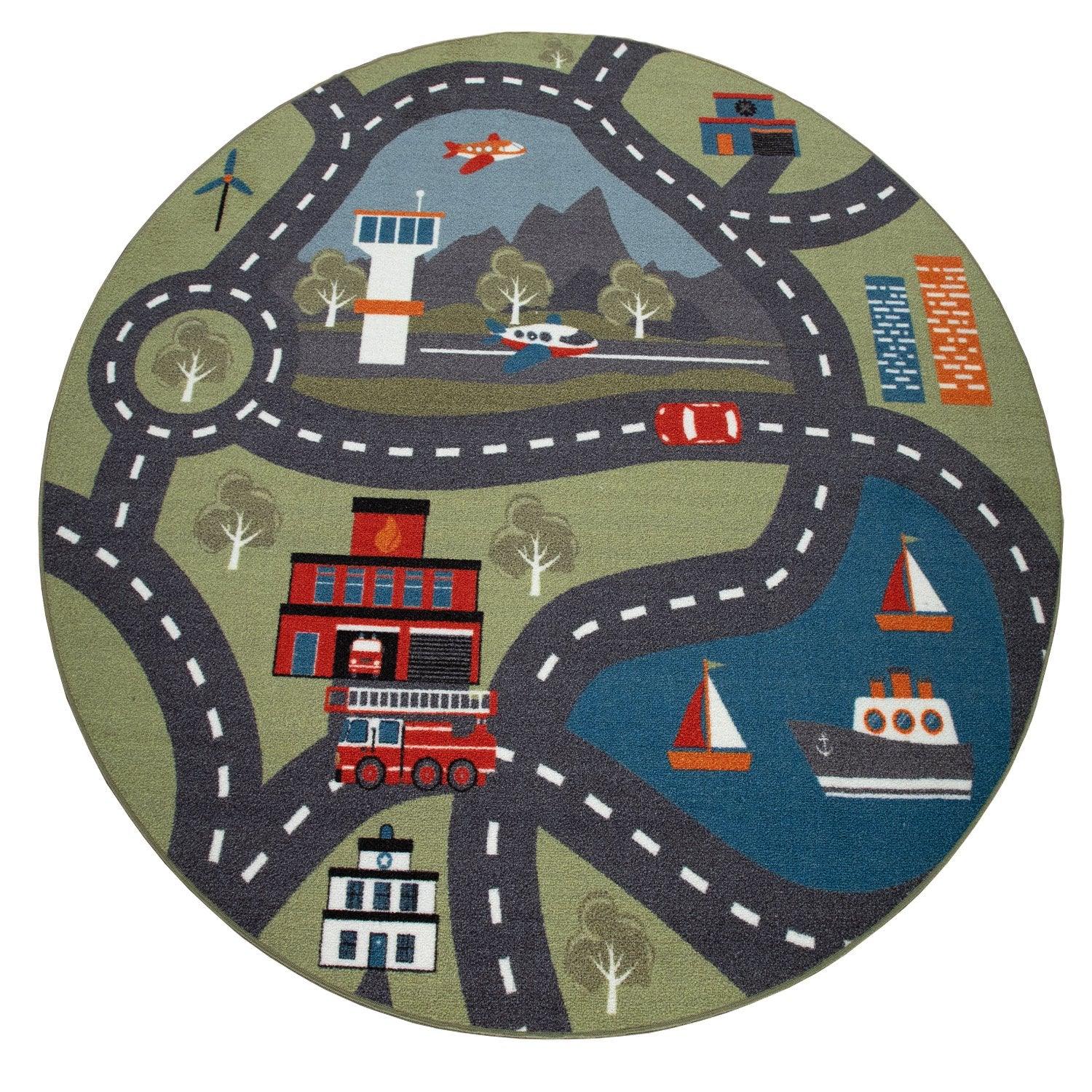 Play Rug for Kids Rooms, Streets and Houses in green