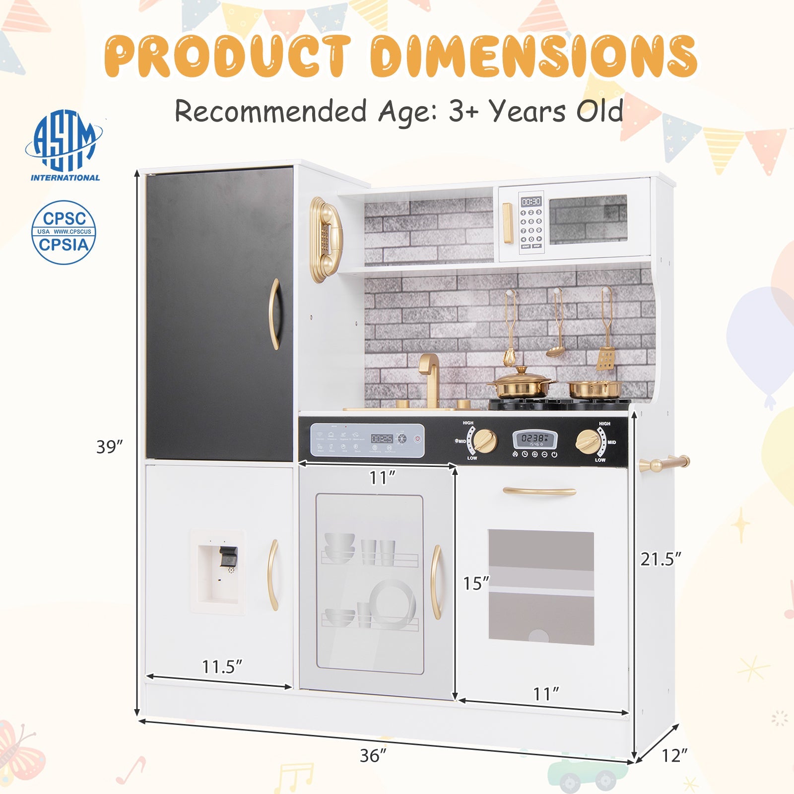 Pretend Play Kitchen with Utensils for Kids Aged 3+-White