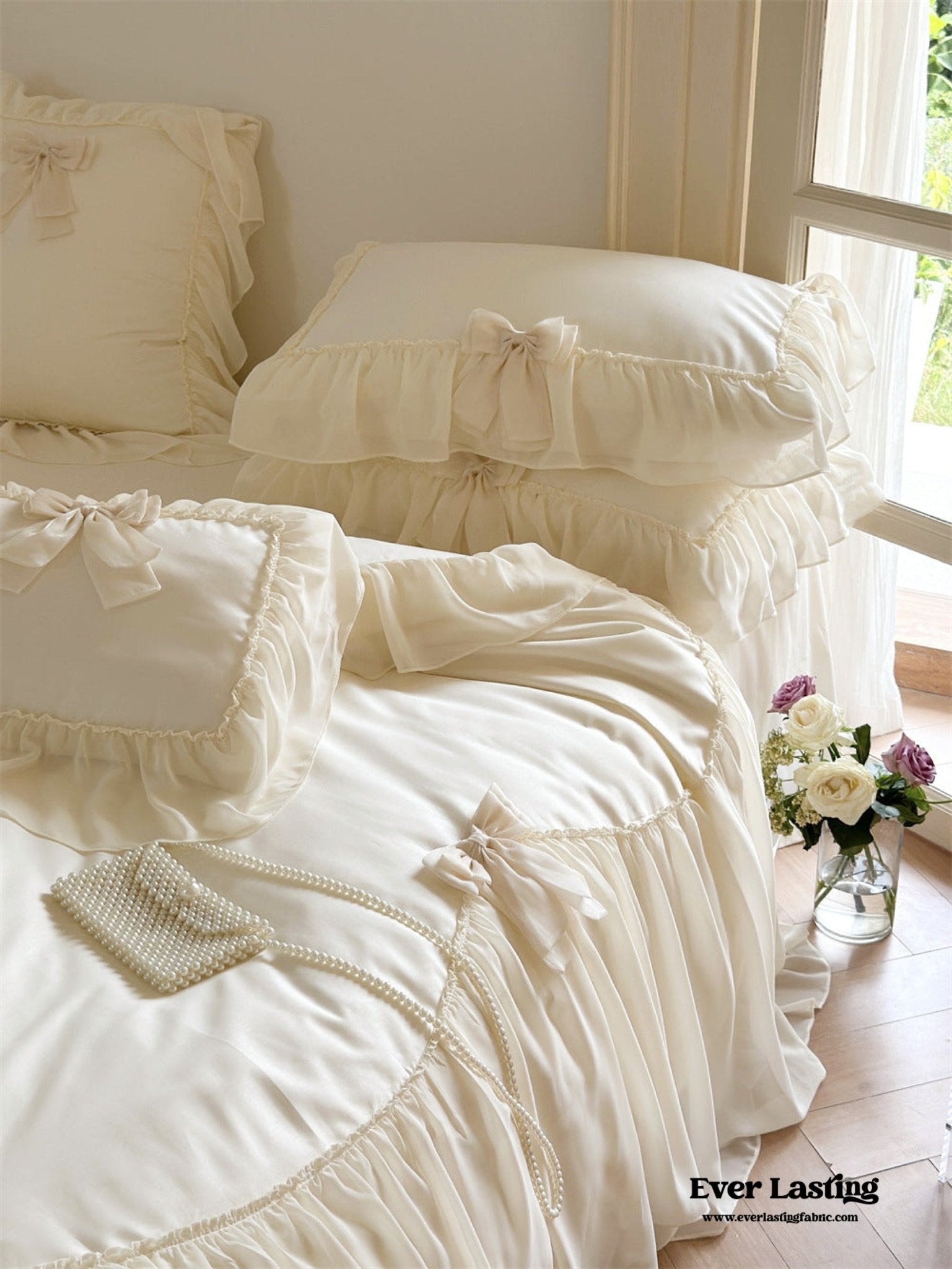 Ribbon Bow Airy Lace Bedding Set / Baby Pink
