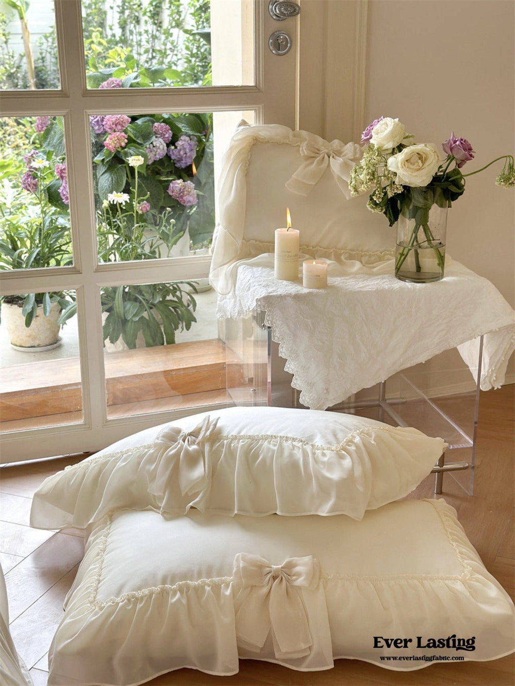 Ribbon Bow Airy Lace Bedding Set / Baby Pink