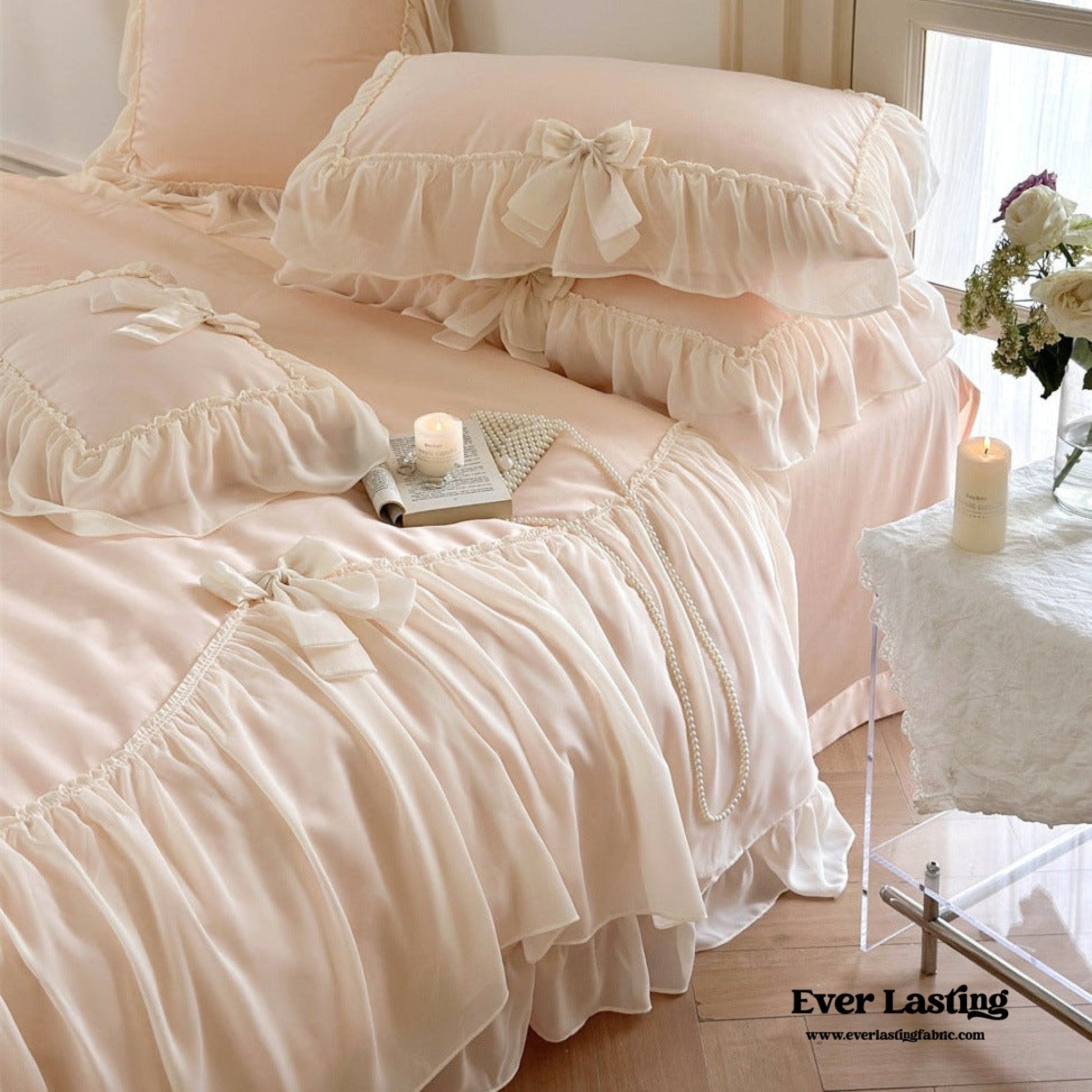 Ribbon Bow Airy Lace Bedding Set / Baby Pink