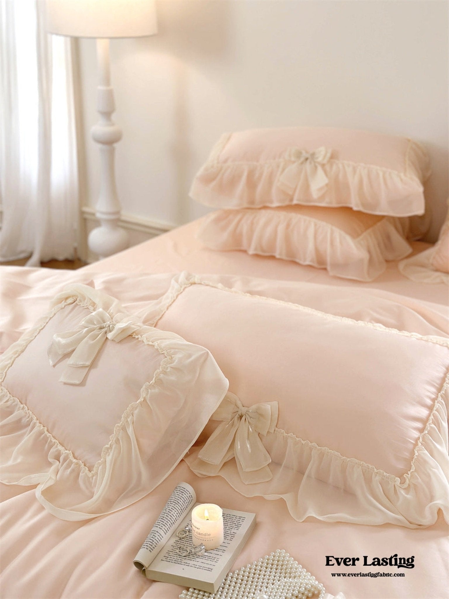 Ribbon Bow Airy Lace Bedding Set / Baby Pink