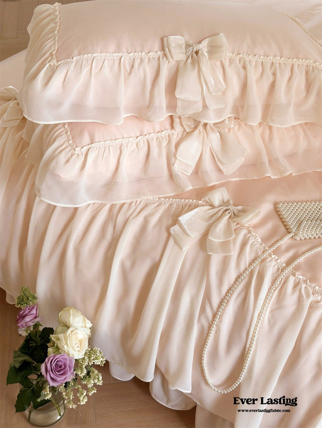 Ribbon Bow Airy Lace Bedding Set / Baby Pink