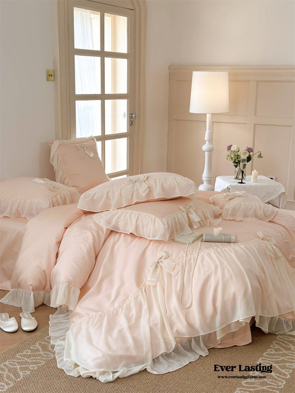 Ribbon Bow Airy Lace Bedding Set / Baby Pink