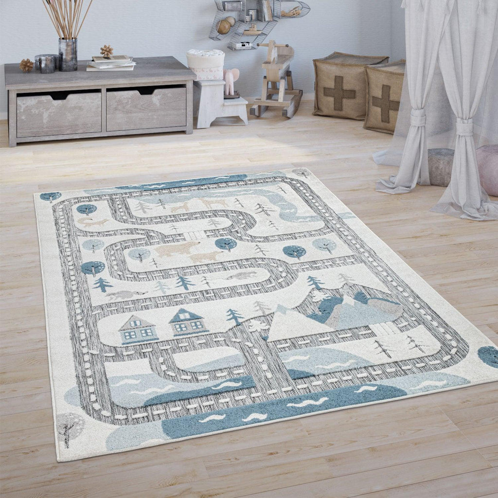 Road Traffic Kids Rug with Forest Animals and Sea Play Mat in muted Cream