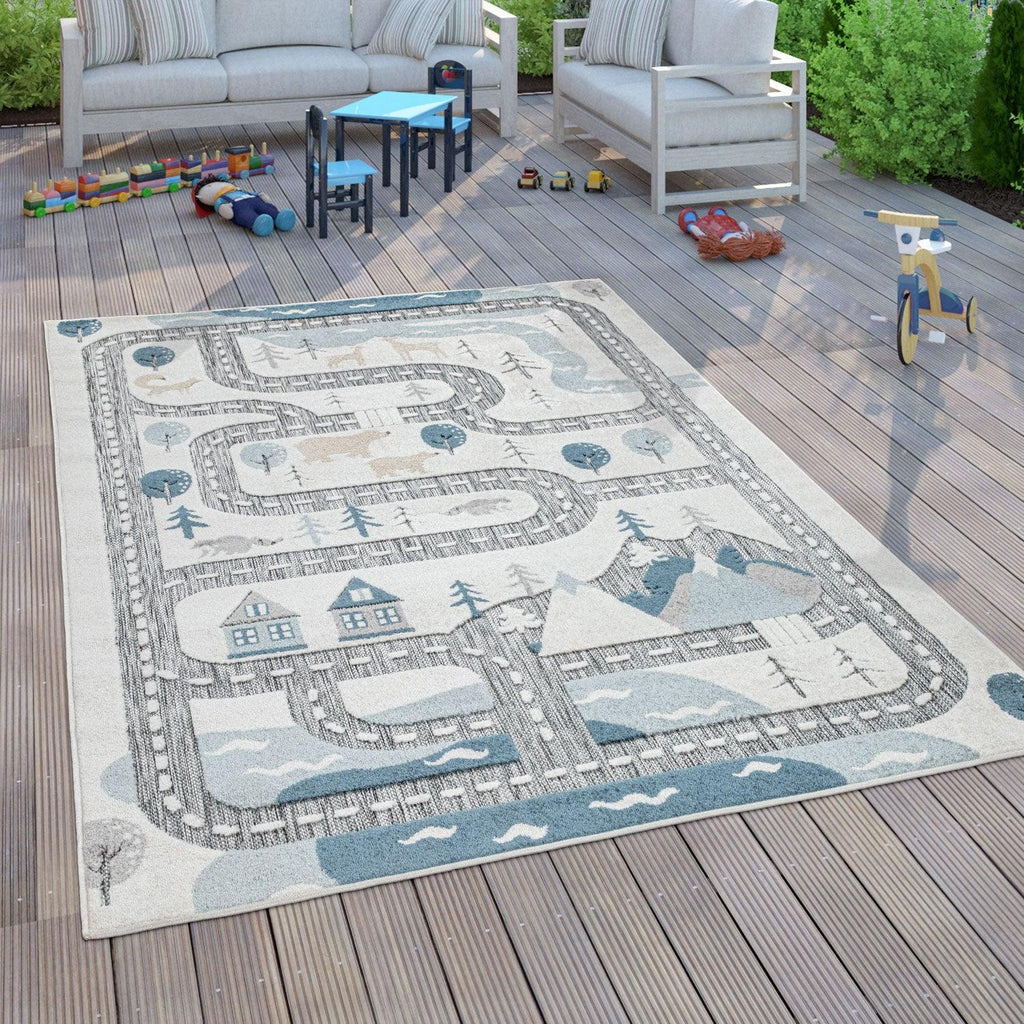 Road Traffic Kids Rug with Forest Animals and Sea Play Mat in muted Cream