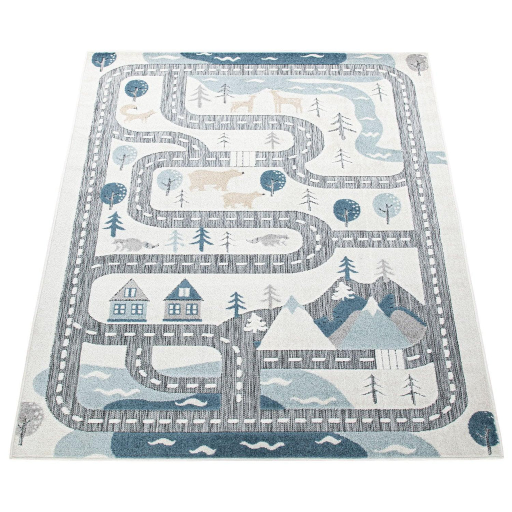 Road Traffic Kids Rug with Forest Animals and Sea Play Mat in muted Cream