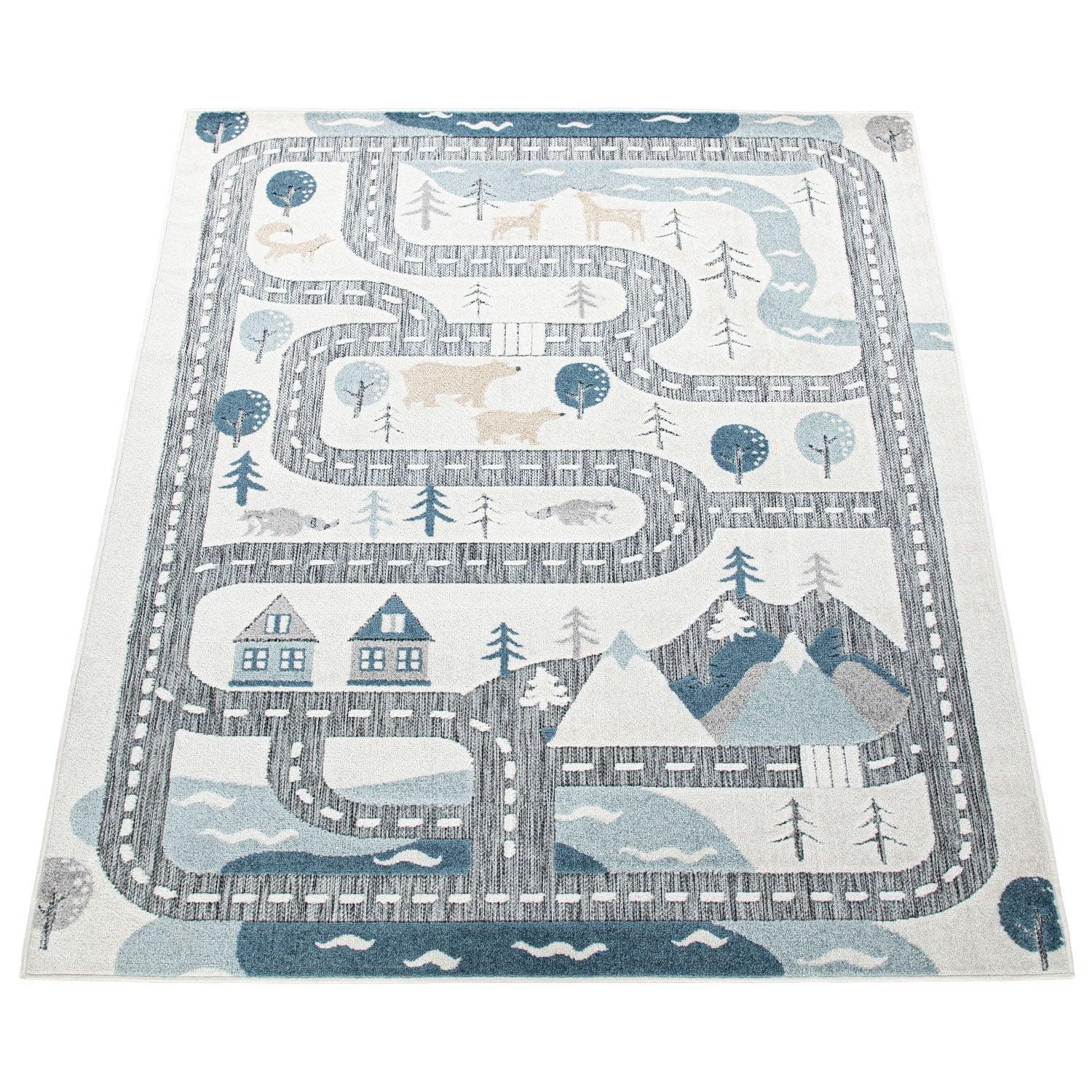Road Traffic Kids Rug with Forest Animals and Sea Play Mat in muted Cream