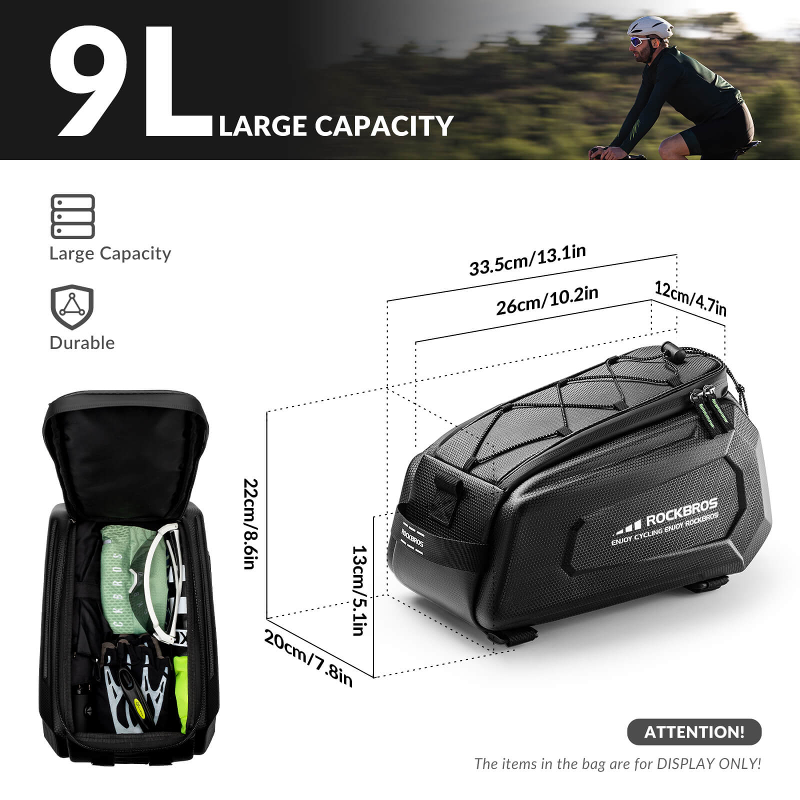 Hard Shell Bike Trunk Bag for Rear Rack - 9L