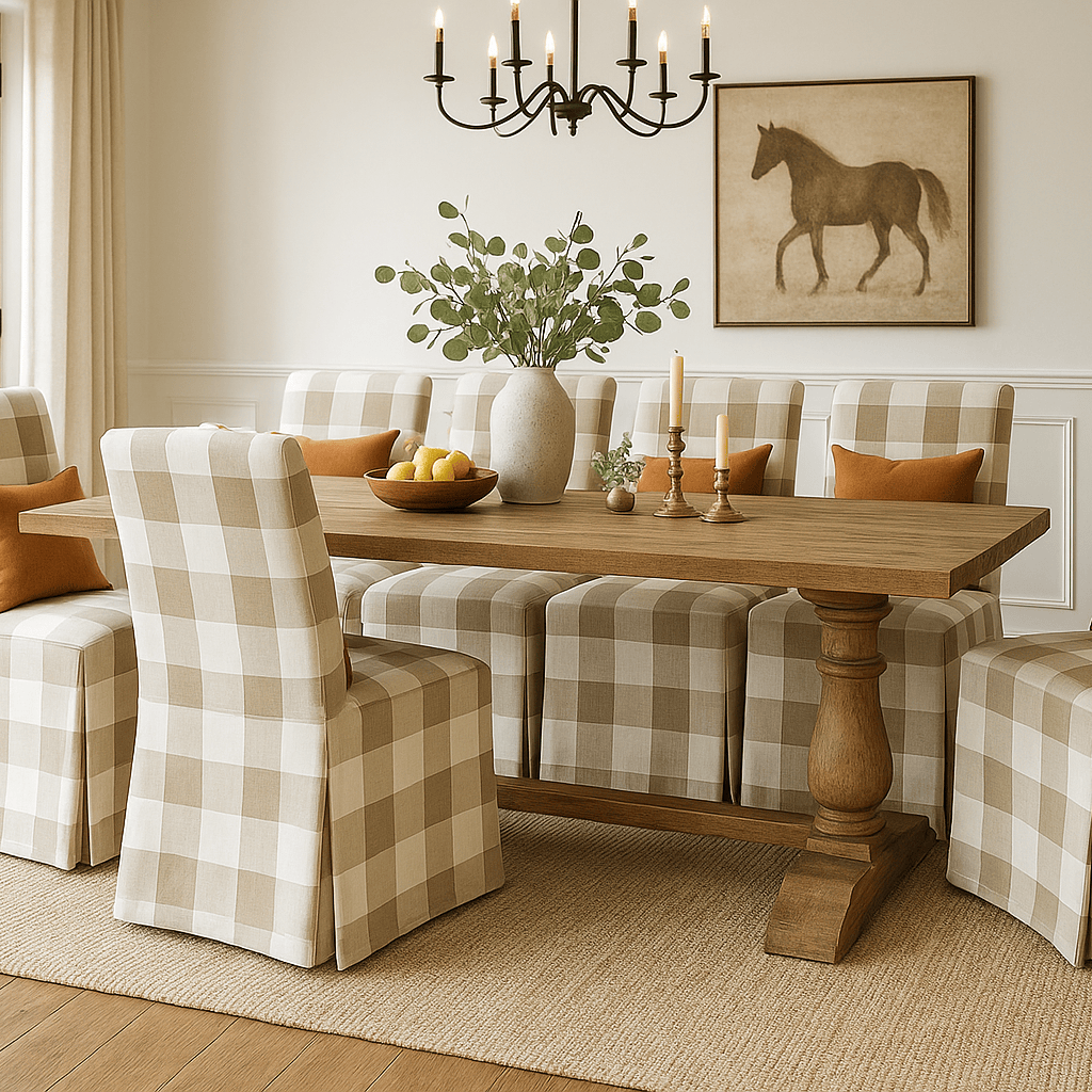 Beige Buffalo Check Floor-Length Slipcover, Compatible with IKEA Henriksdal Chair – Classic Farmhouse Elegance