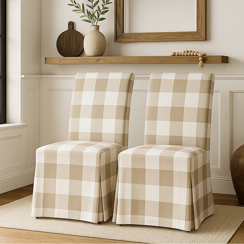 Beige Buffalo Check Floor-Length Slipcover, Compatible with IKEA Henriksdal Chair – Classic Farmhouse Elegance