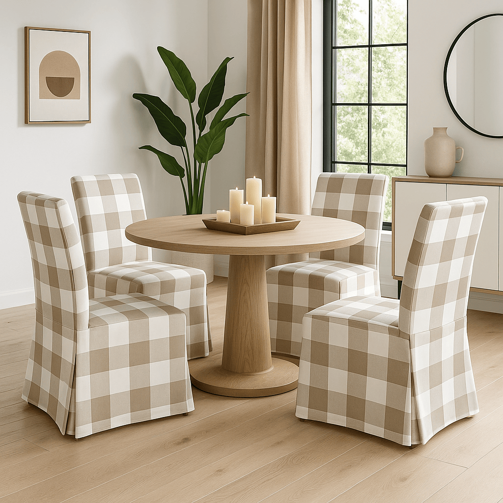 Beige Buffalo Check Floor-Length Slipcover, Compatible with IKEA Henriksdal Chair – Classic Farmhouse Elegance