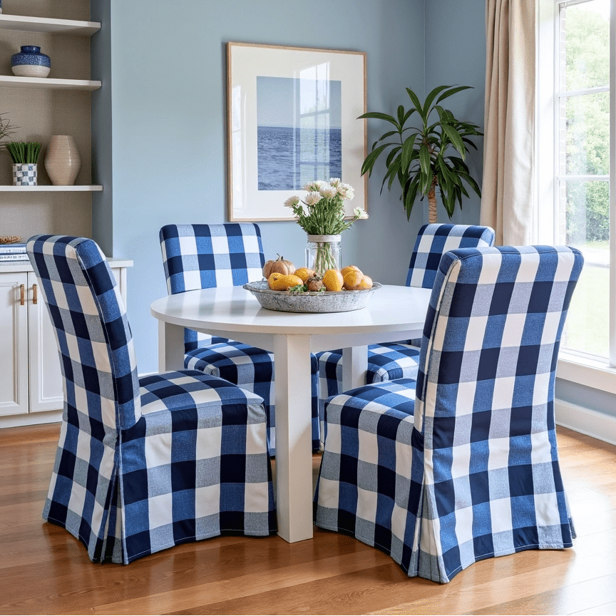 Buffalo Check Navy Blue Floor Length Dining Chair Cover, Compatible with IKEA Henriksdal