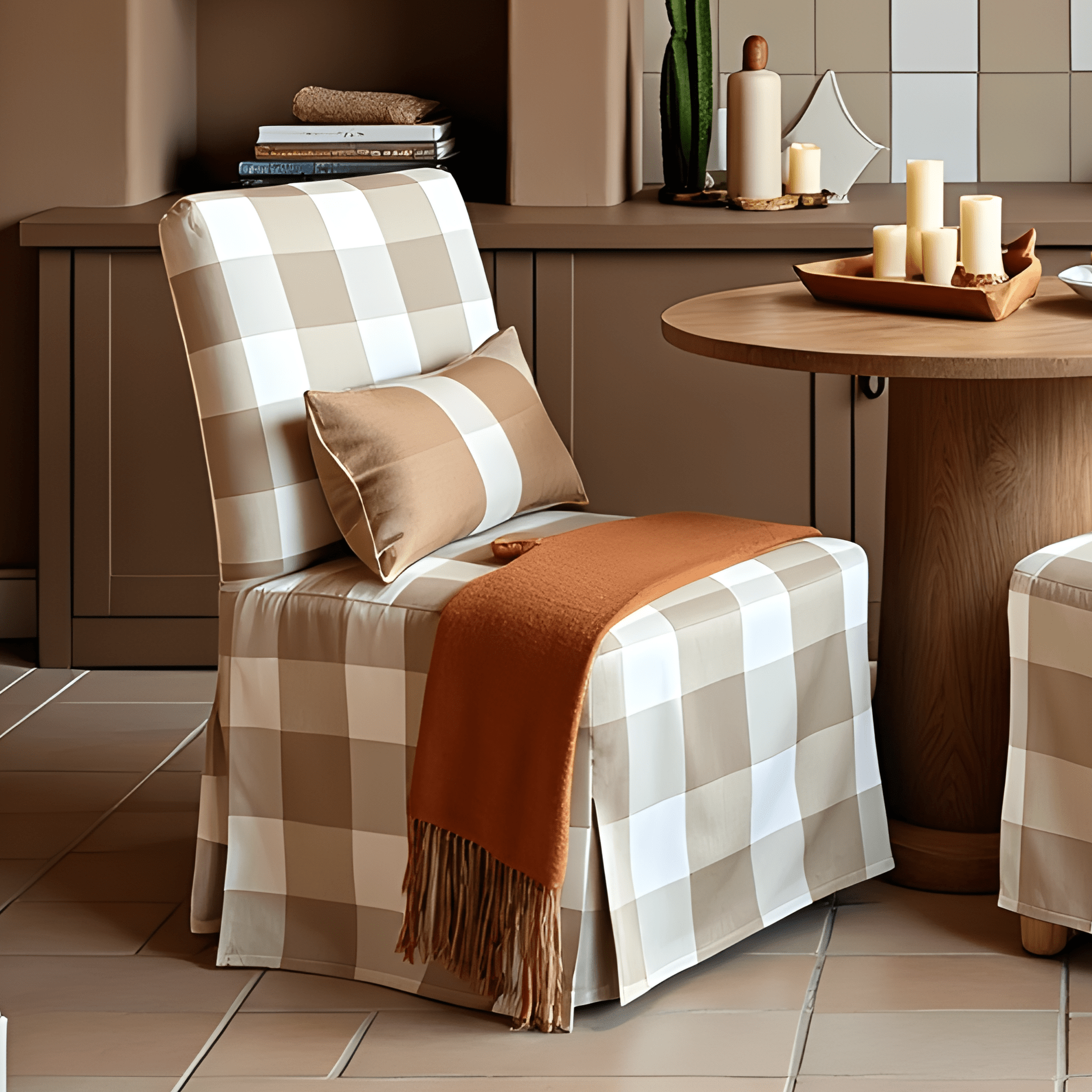Beige Buffalo Check Floor-Length Slipcover, Compatible with IKEA Henriksdal Chair – Classic Farmhouse Elegance