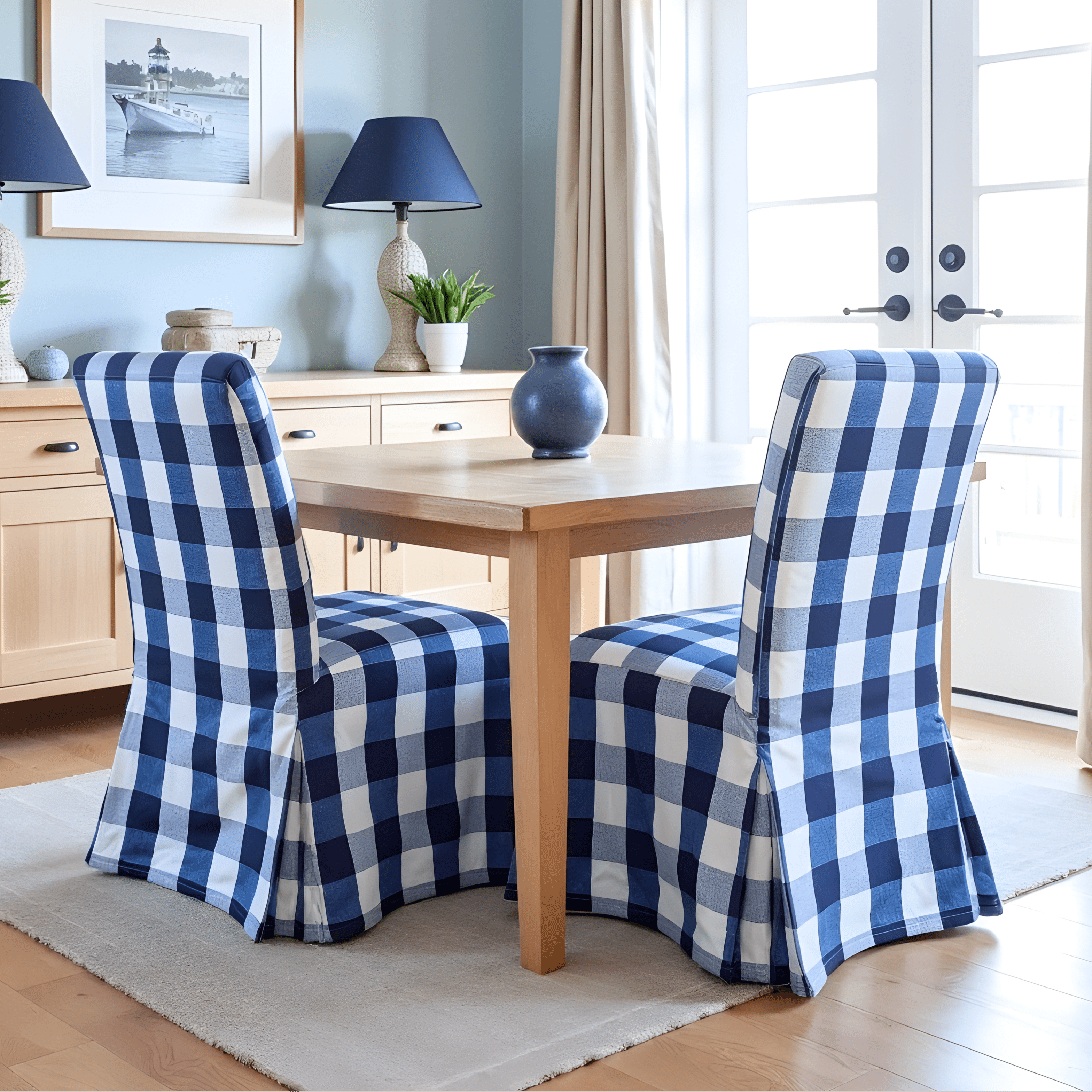 Buffalo Check Navy Blue Floor Length Dining Chair Cover, Compatible with IKEA Henriksdal