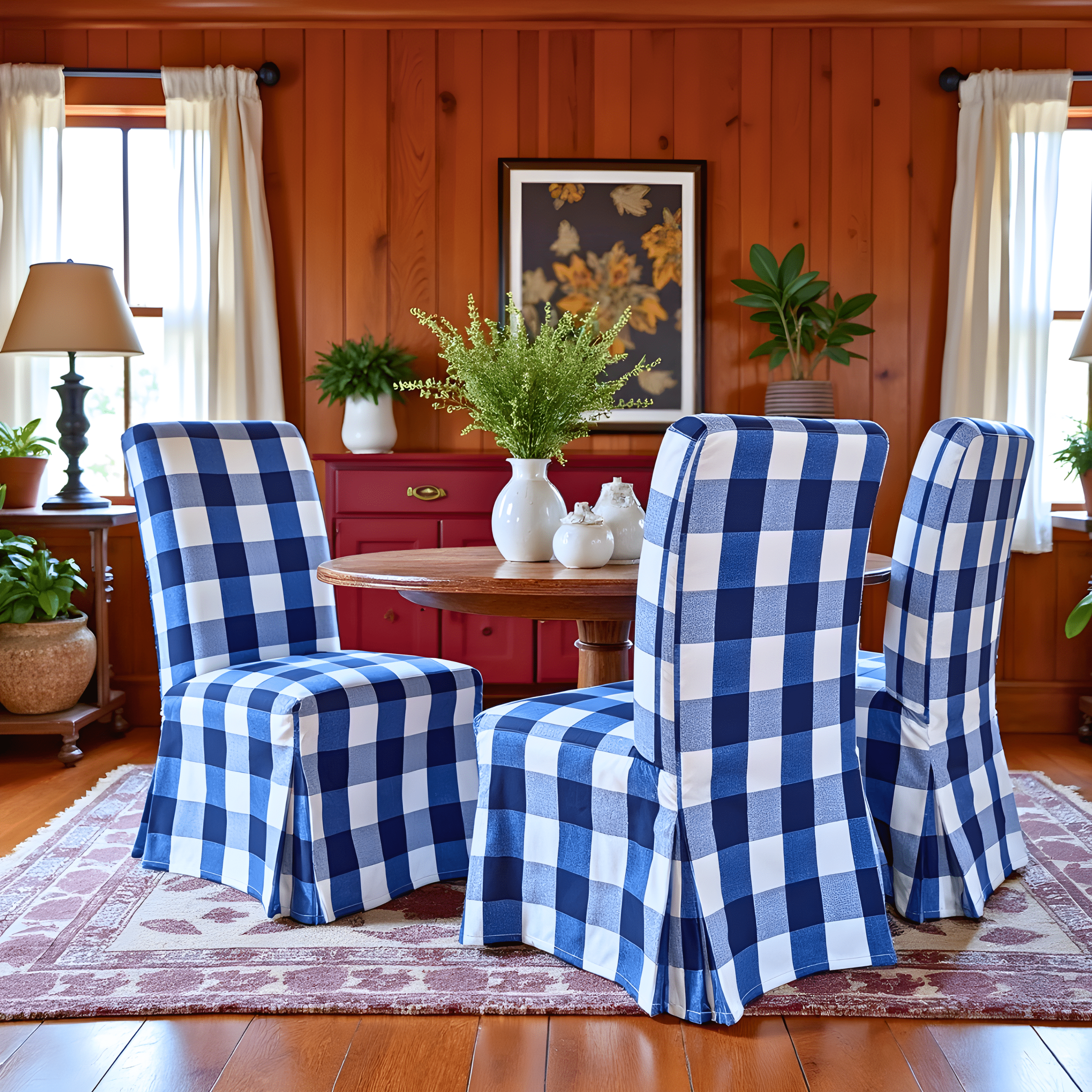 Buffalo Check Navy Blue Floor Length Dining Chair Cover, Compatible with IKEA Henriksdal