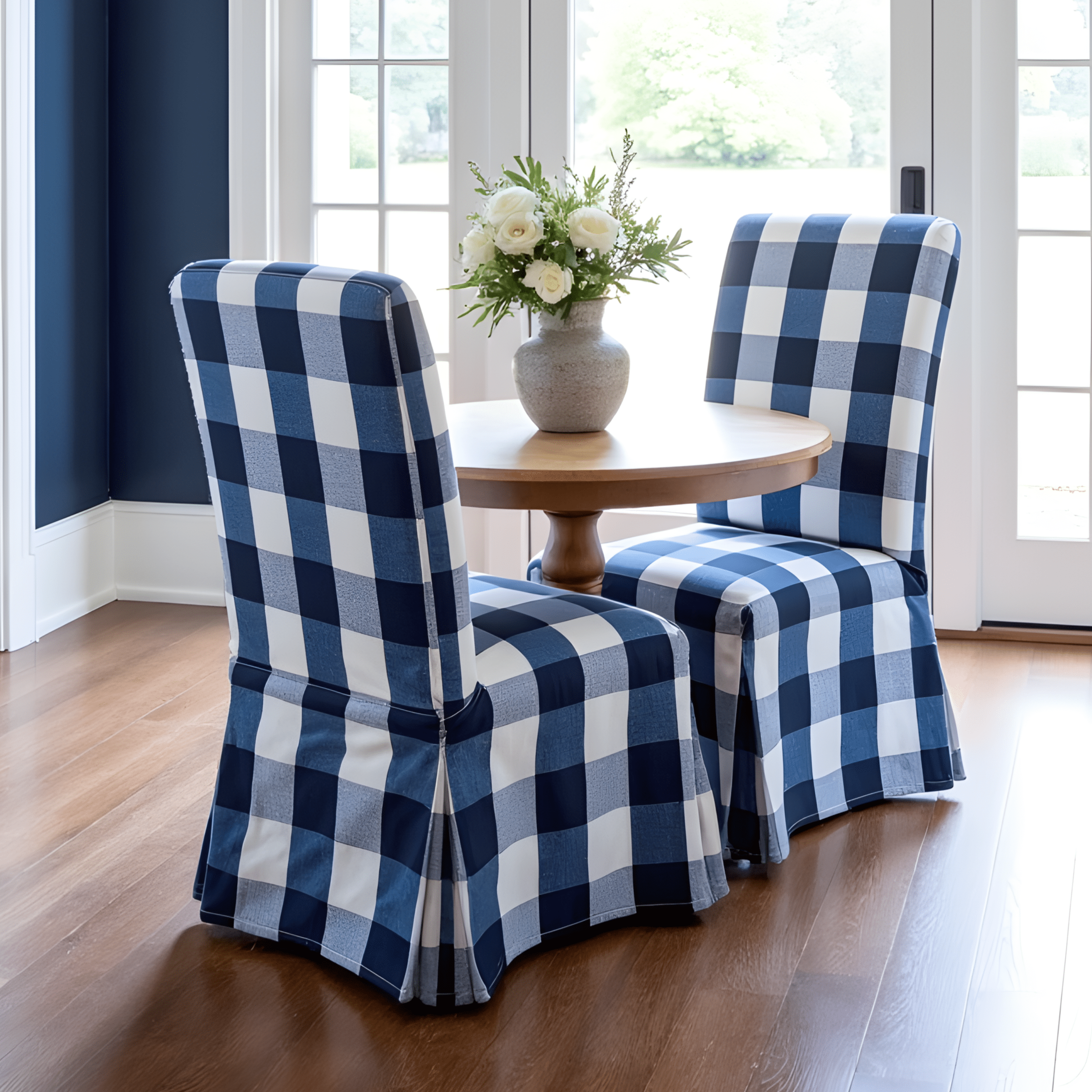 Buffalo Check Navy Blue Floor Length Dining Chair Cover, Compatible with IKEA Henriksdal
