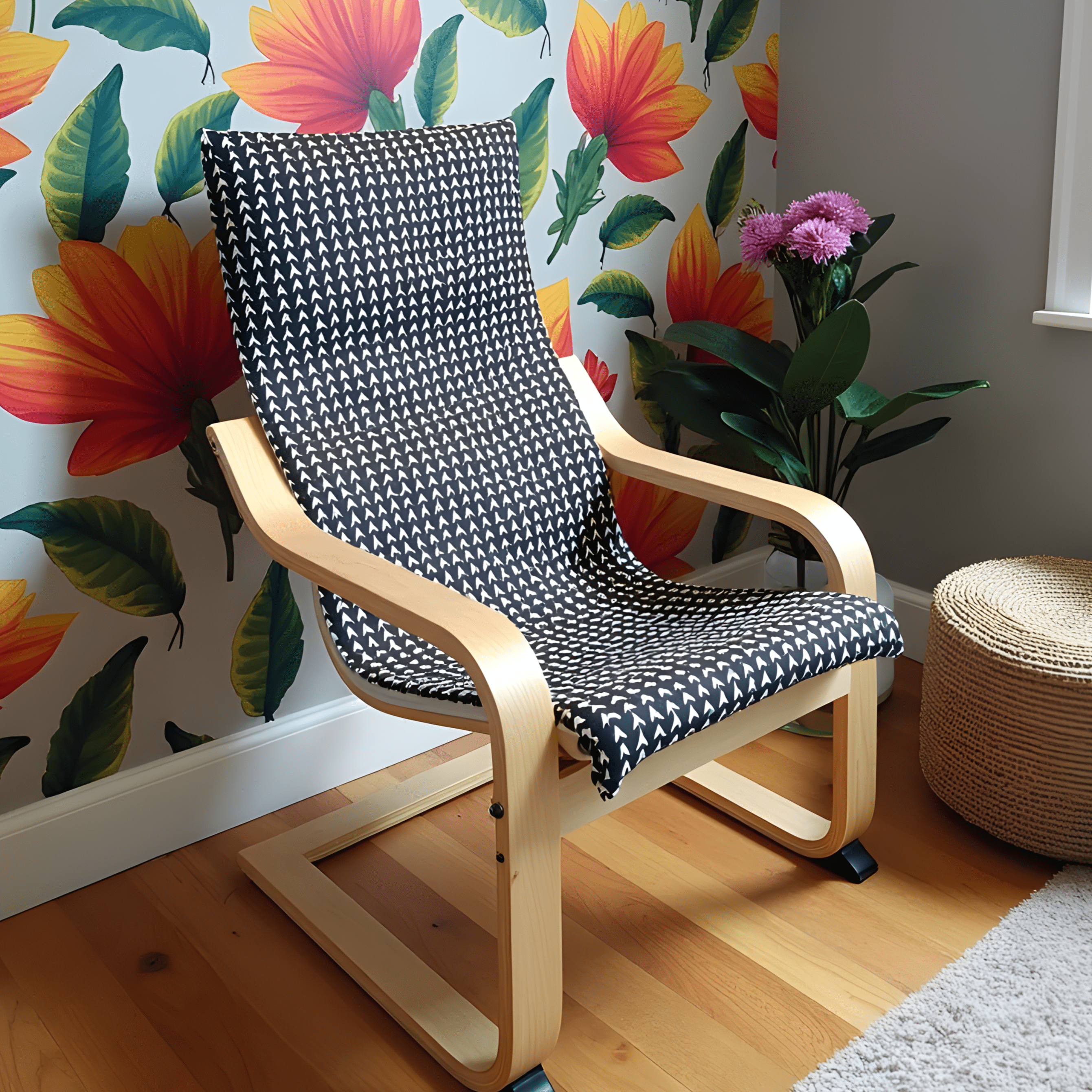 Black Vine Cotton Cushion Cover, Compatible with IKEA Children's Poang