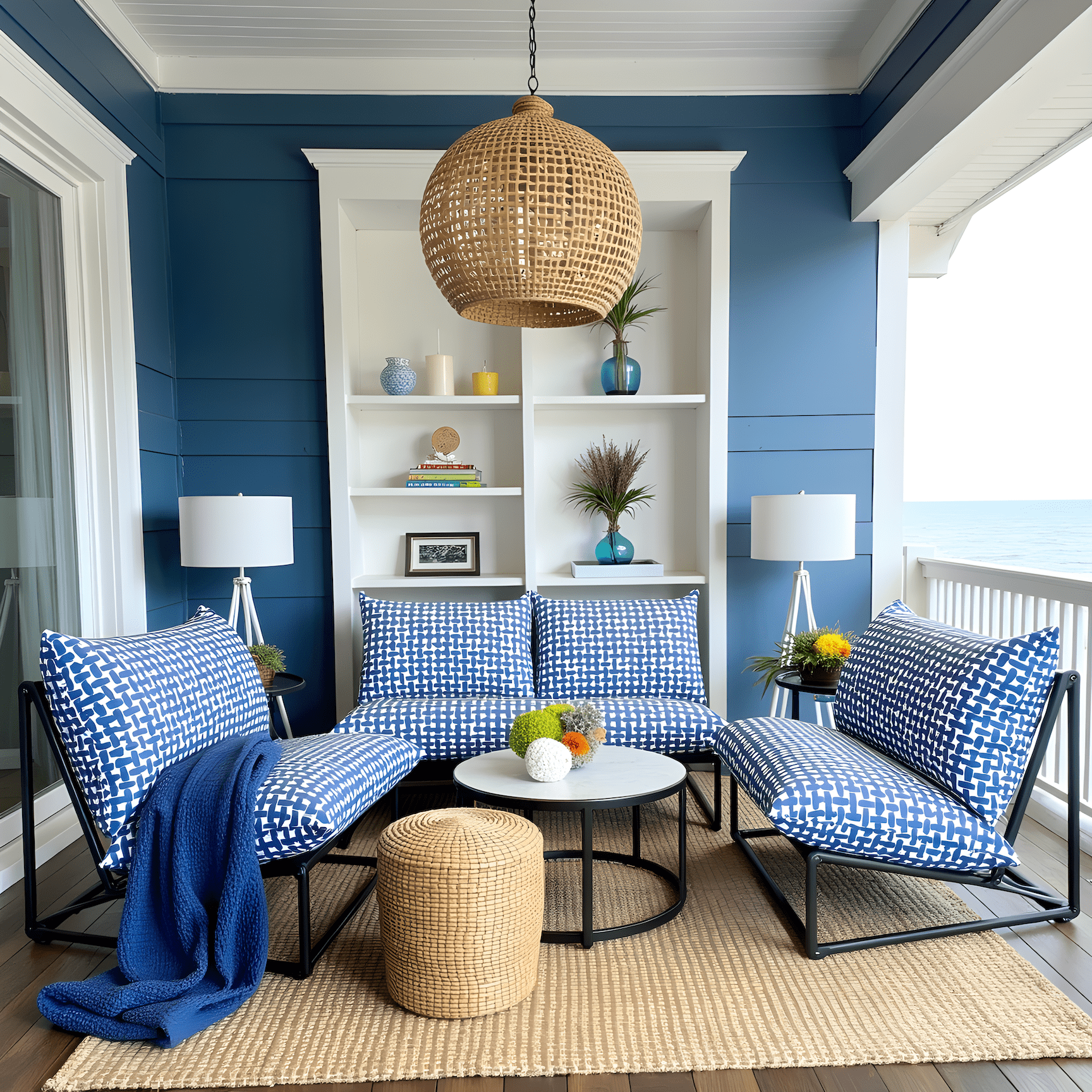 Modern Navy Blue Lattice Print Outdoor Slipcovers, Compatible with IKEA Havsten - Made to Order