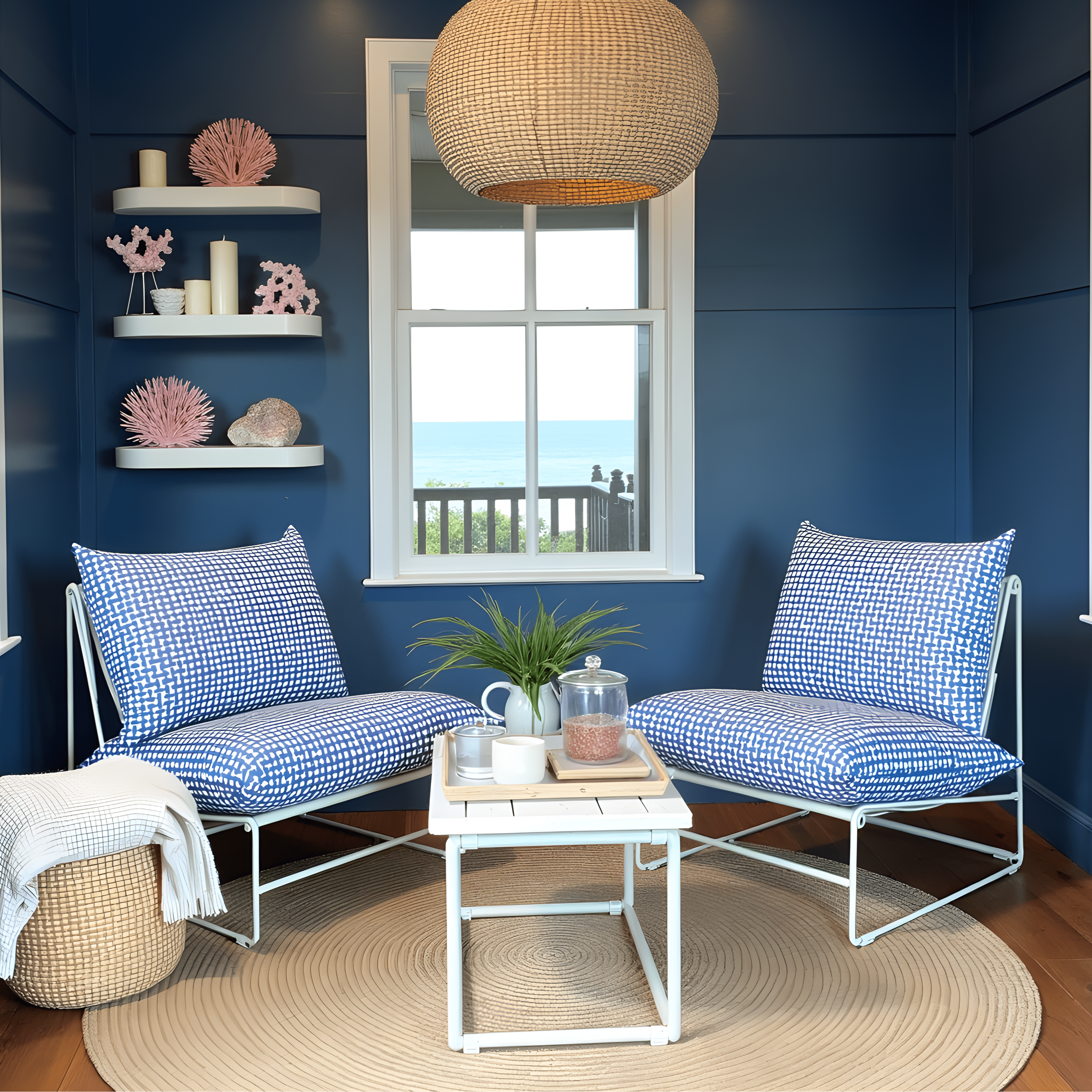 Modern Navy Blue Lattice Print Outdoor Slipcovers, Compatible with IKEA Havsten - Made to Order