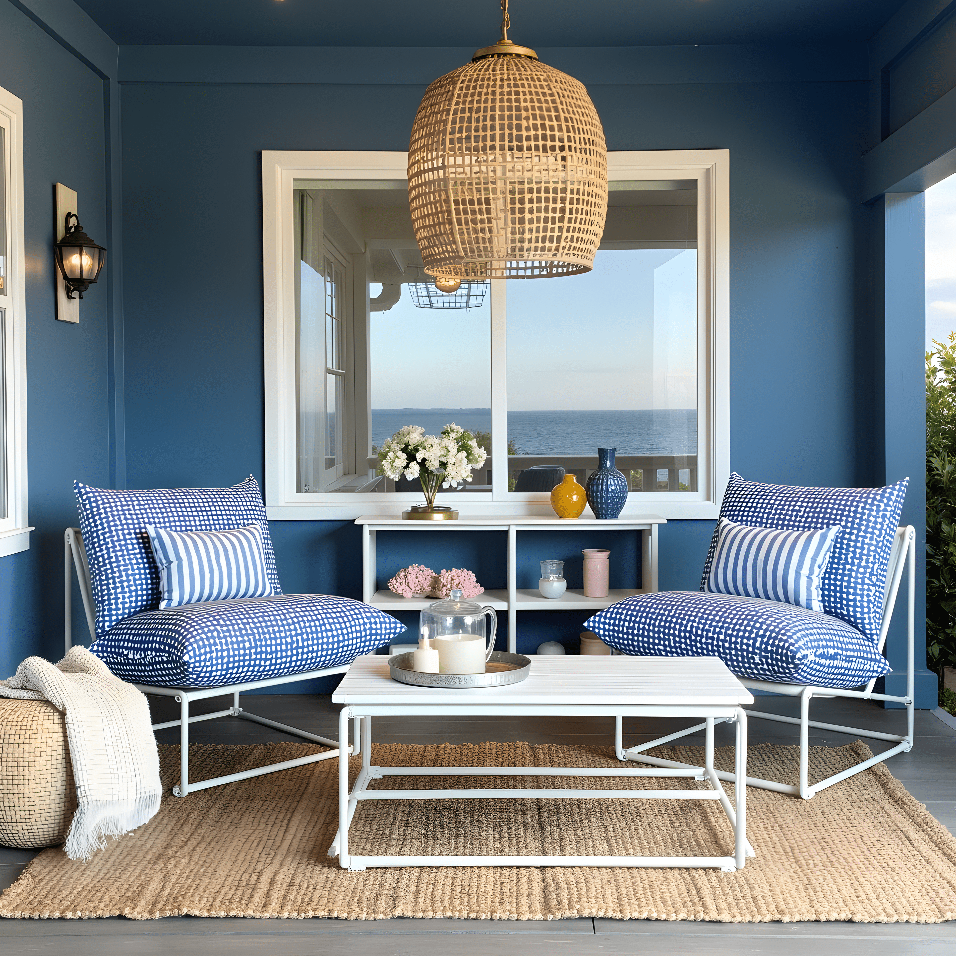 Modern Navy Blue Lattice Print Outdoor Slipcovers, Compatible with IKEA Havsten - Made to Order