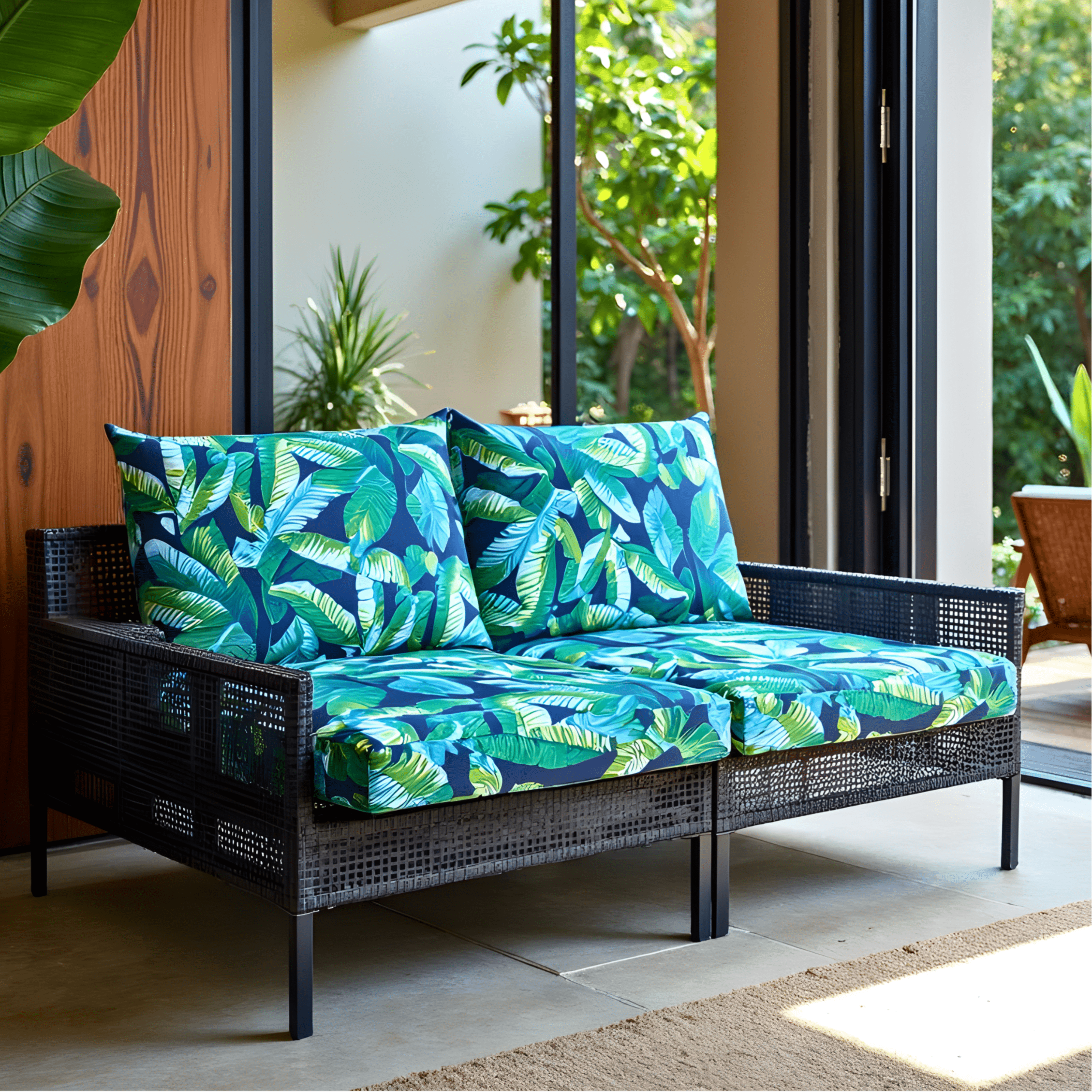 Rockin Cushions Outdoor Slip Covers | Navy Green Banana Leaf Print| Compatible with IKEA Duvholmen Cushions | Includes 2 Duvholmen Pillow Covers and 2 Duvholmen Seat Covers - Set of 4
