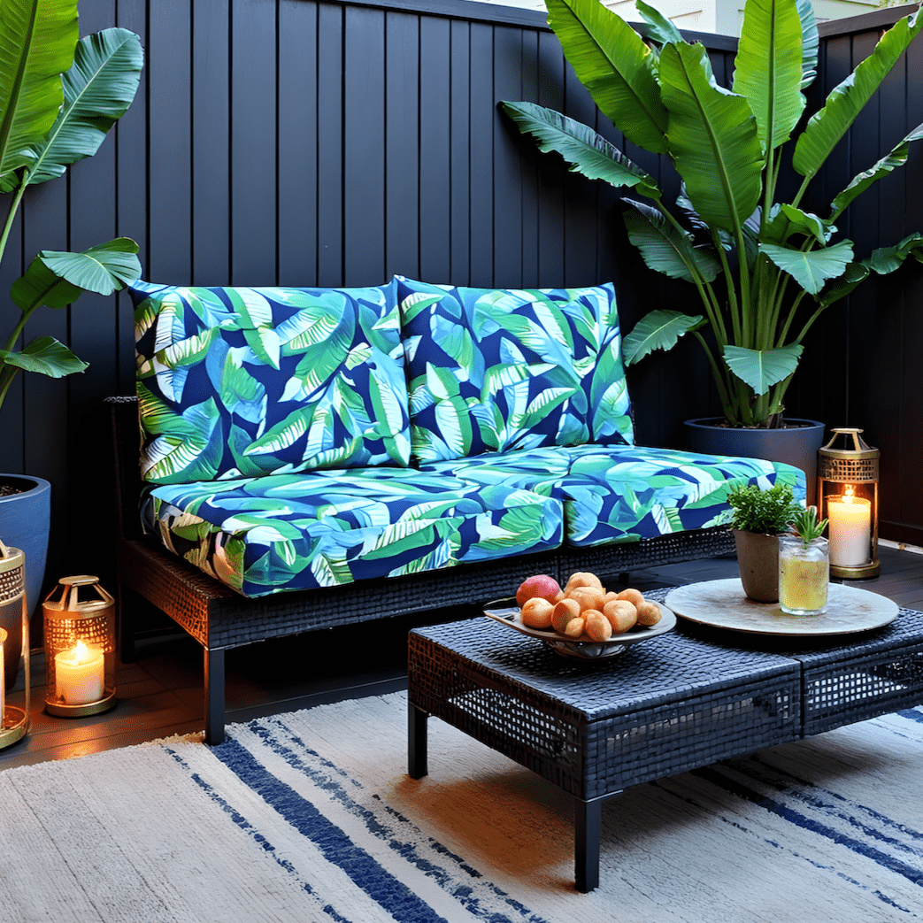 Rockin Cushions Outdoor Slip Covers | Navy Green Banana Leaf Print| Compatible with IKEA Duvholmen Cushions | Includes 2 Duvholmen Pillow Covers and 2 Duvholmen Seat Covers - Set of 4