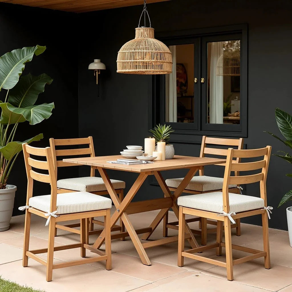 Set of 2, Beige Stripe Square Outdoor Chair Pad, Removable Covers