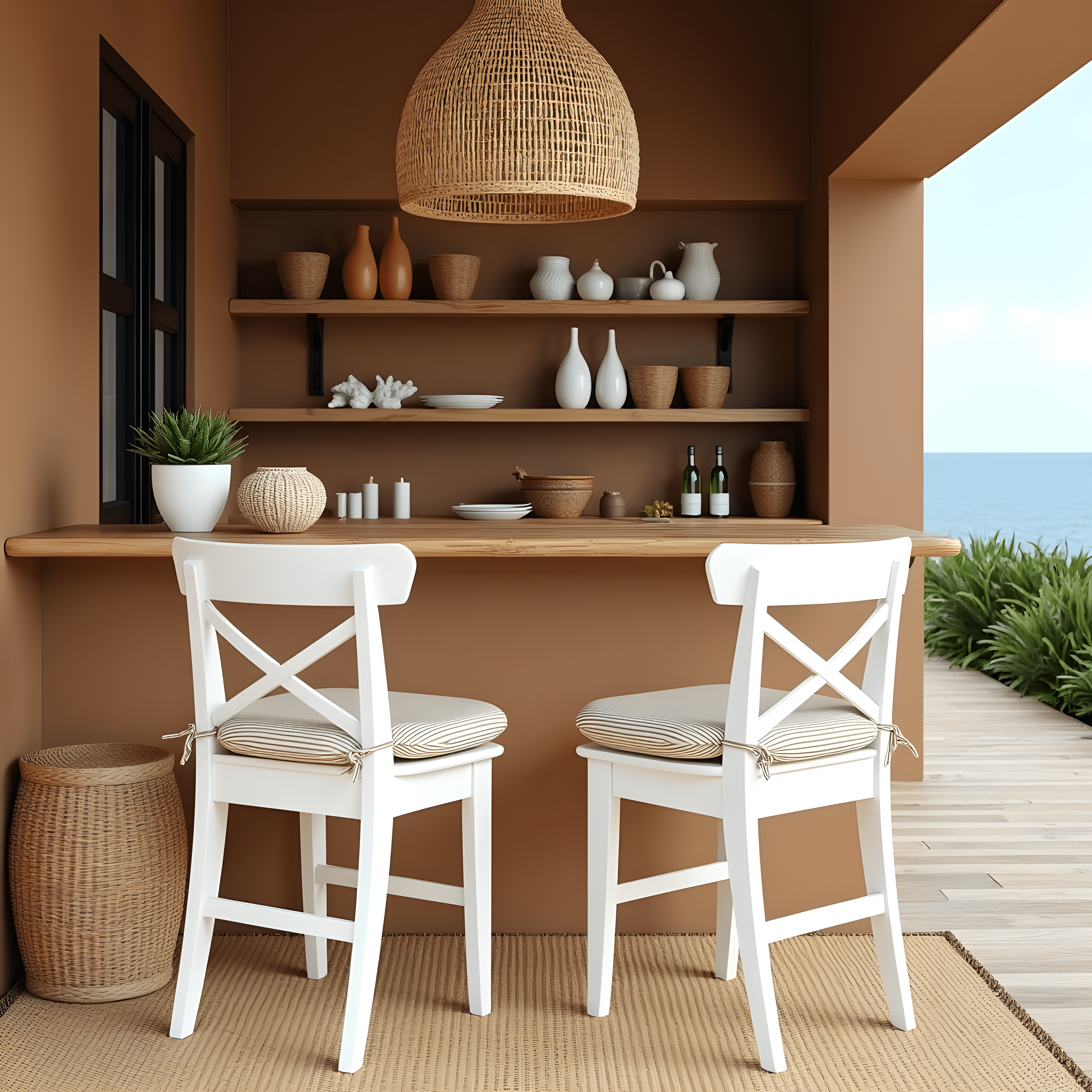 Set of 2, Beige Stripe U-Shape Outdoor Chair Pad, Removable Covers