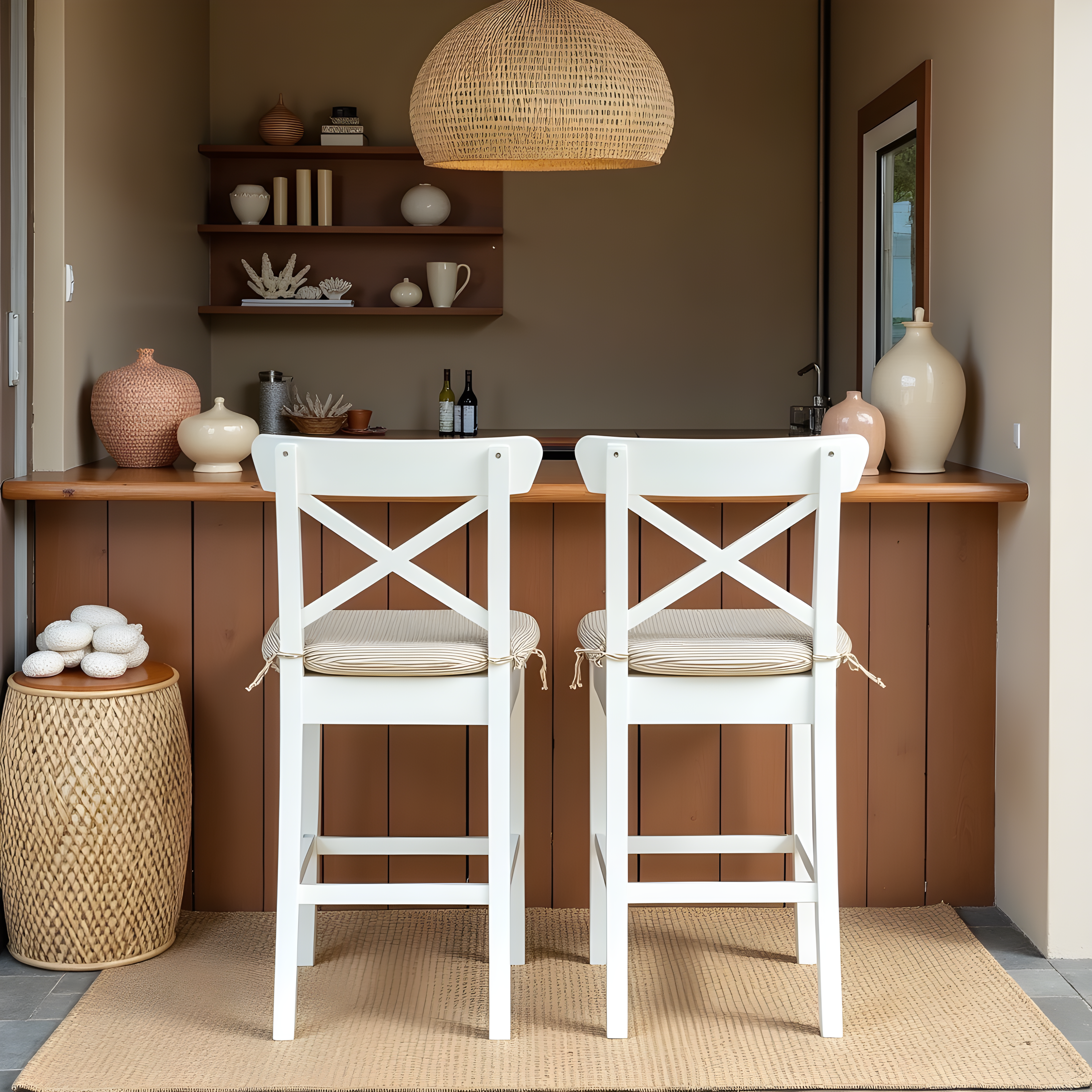 Set of 2, Beige Stripe U-Shape Outdoor Chair Pad, Removable Covers