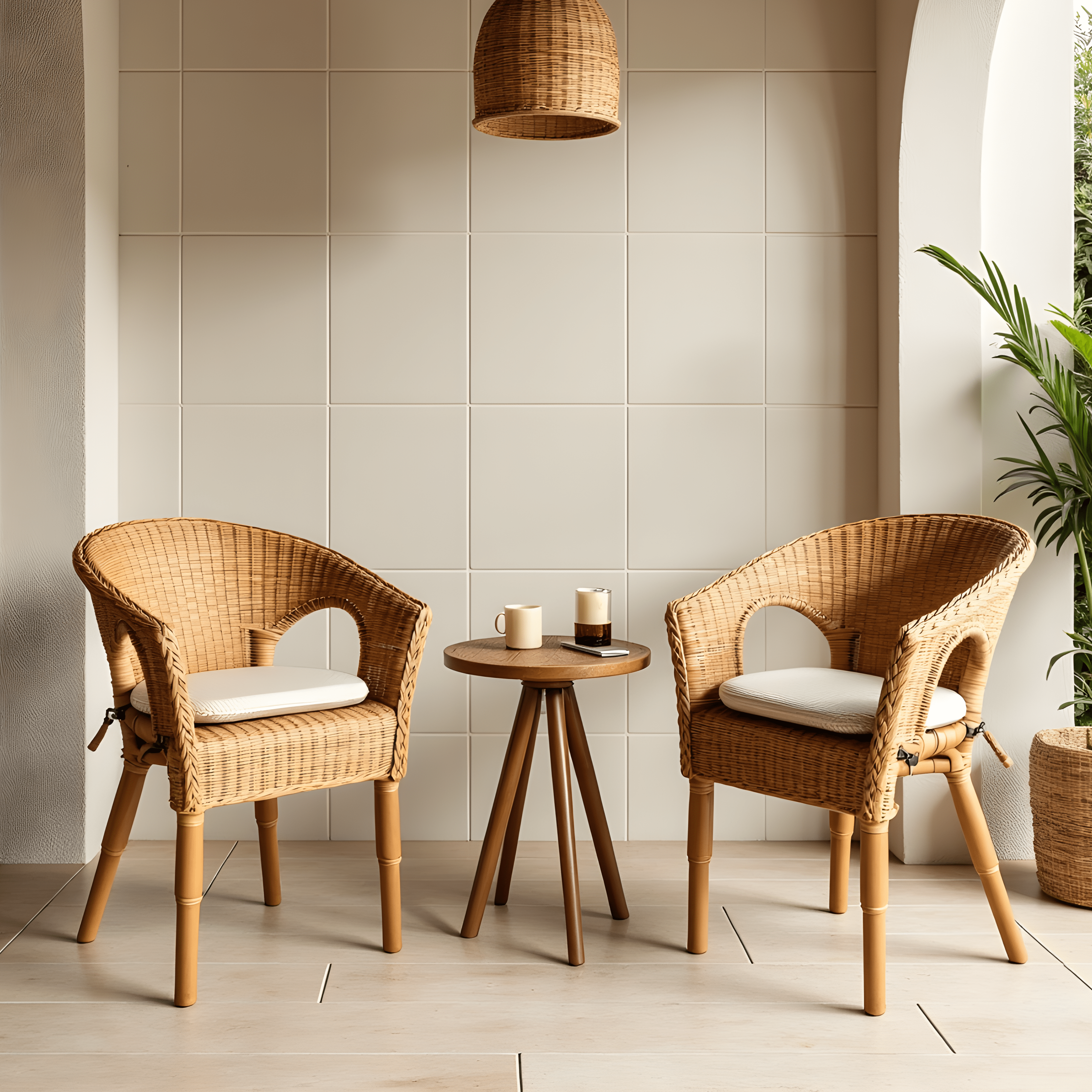 Set of 2, Beige Stripe U-Shape Outdoor Chair Pad, Removable Covers