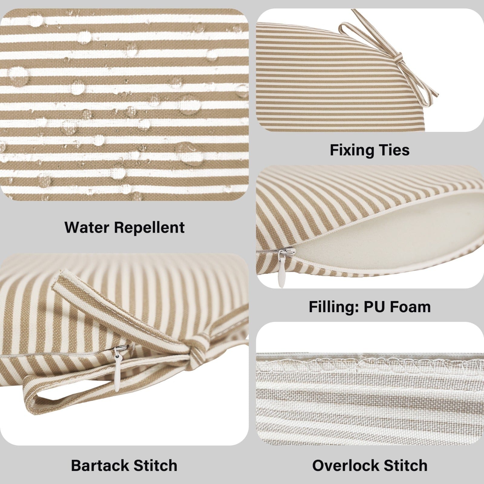 Set of 2, Beige Stripe U-Shape Outdoor Chair Pad, Removable Covers