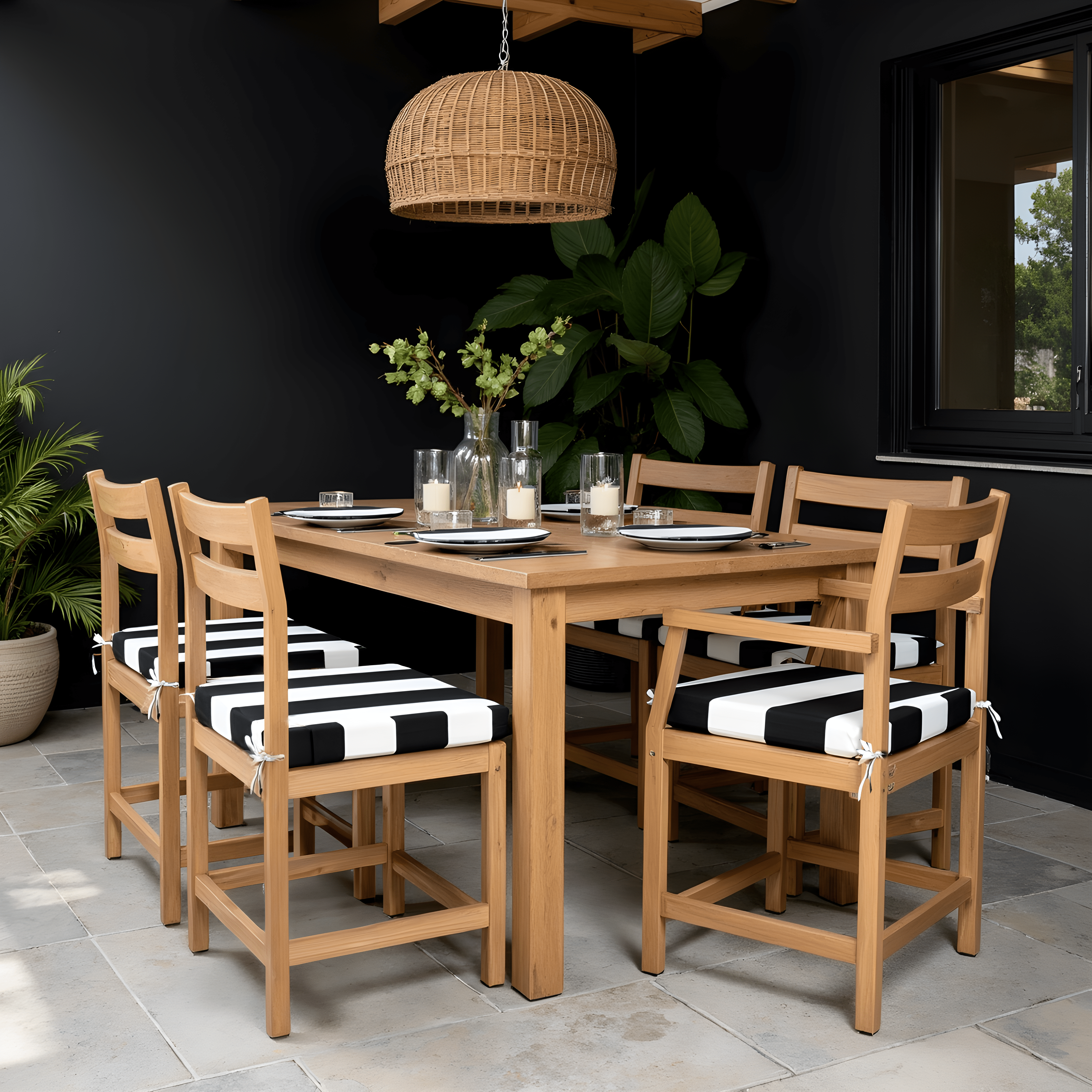 Set of 2, Black Stripe Square Outdoor Chair Pad, Removable Covers