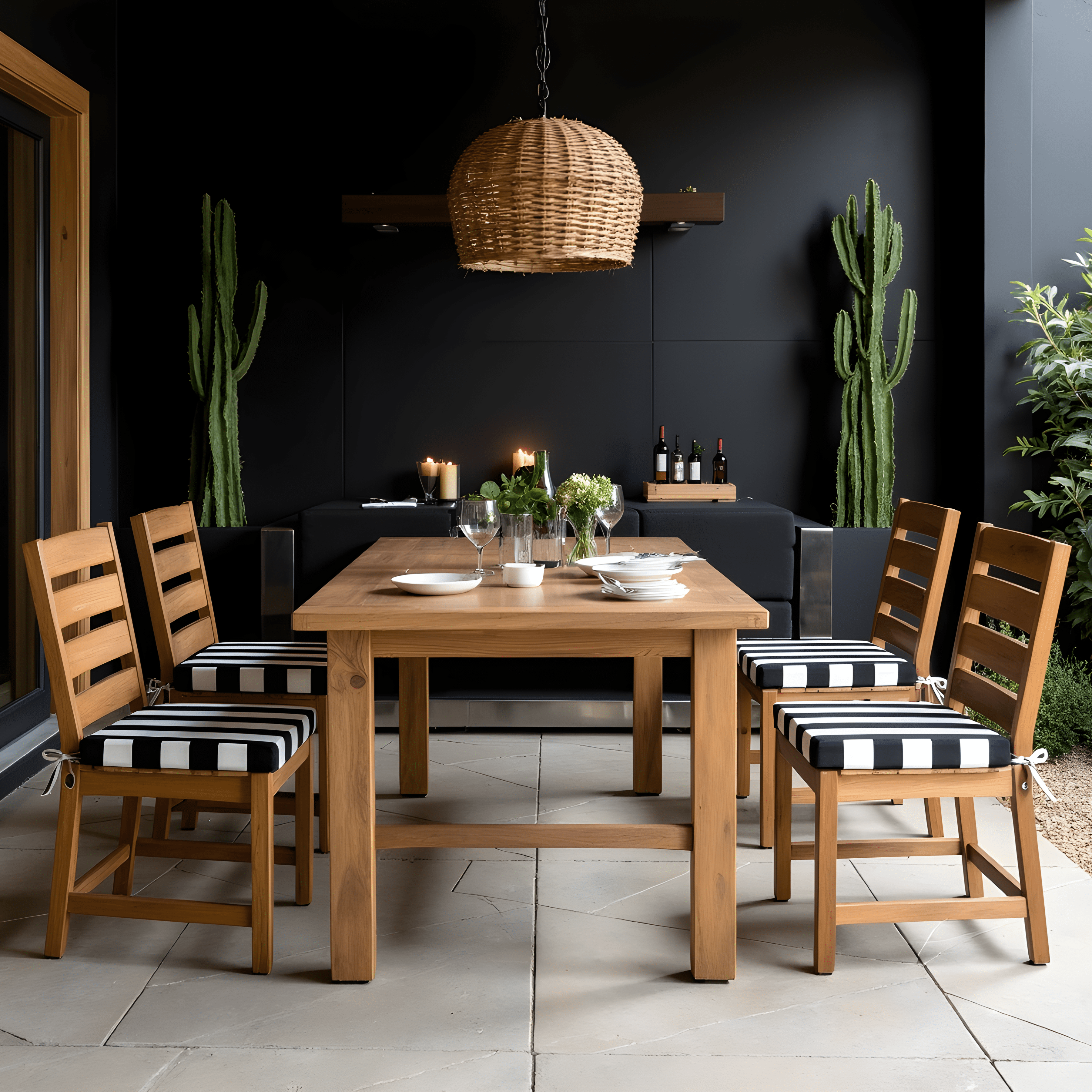 Set of 2, Black Stripe Square Outdoor Chair Pad, Removable Covers