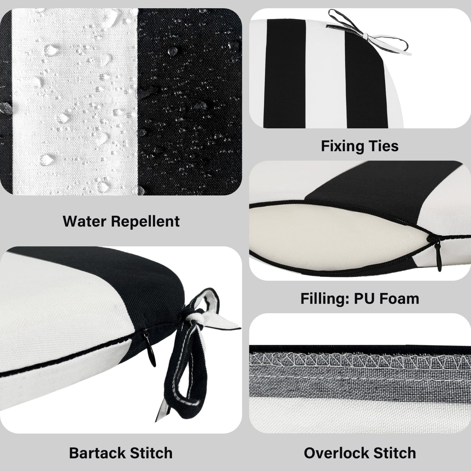 Set of 2, Black Stripe U-Shape Outdoor Chair Pad, Removable Covers