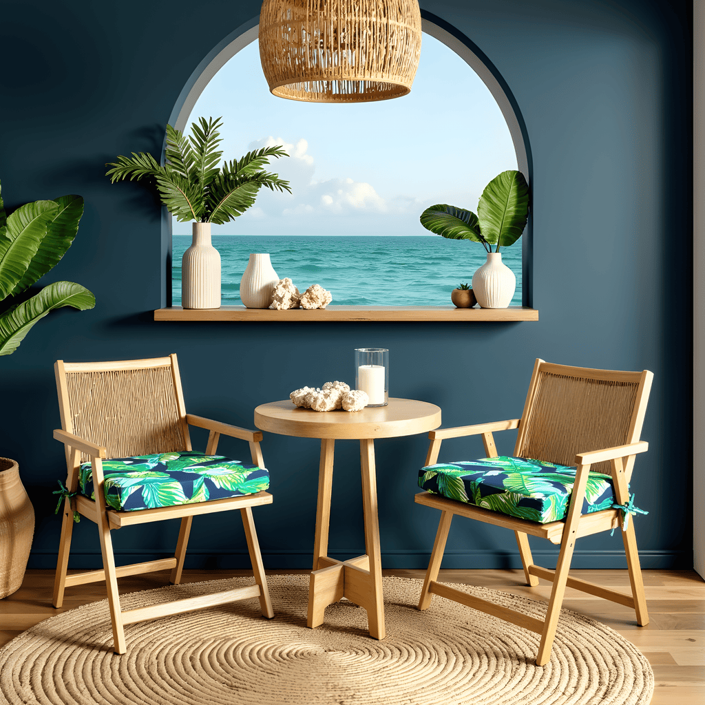 Set of 2, Blue Palms Square Outdoor Chair Pad, Removable Covers