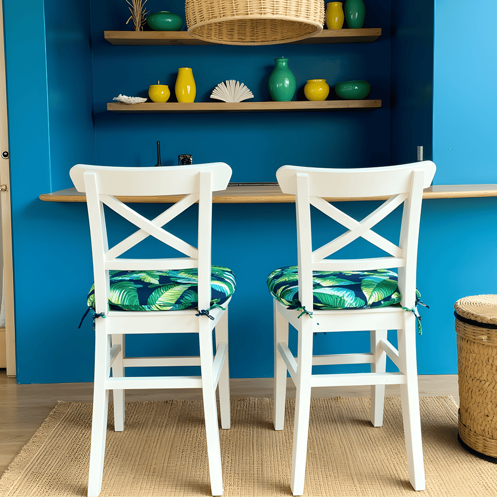 Set of 2, Blue Palms U-Shape Outdoor Chair Pad, Removable Covers